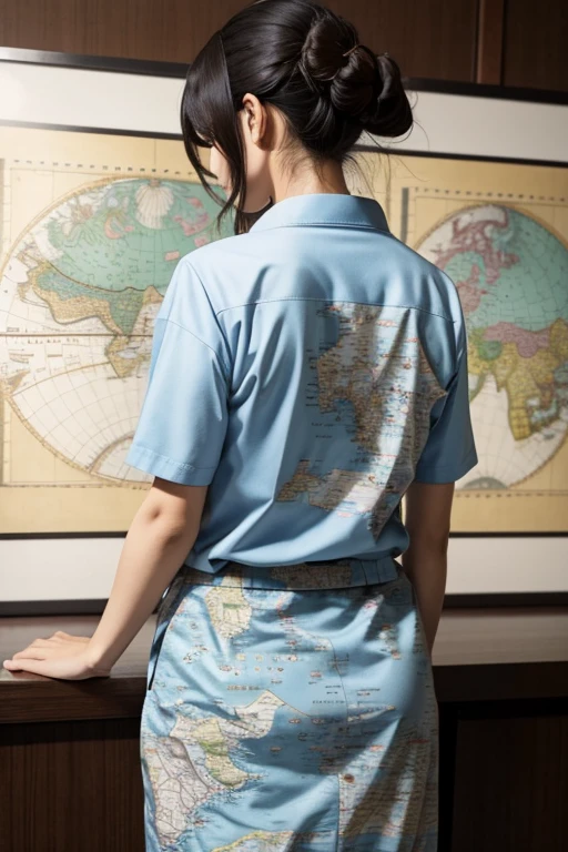 A map of Japan is printed on the back.ｔBack view of a beautiful girl wearing a shirt