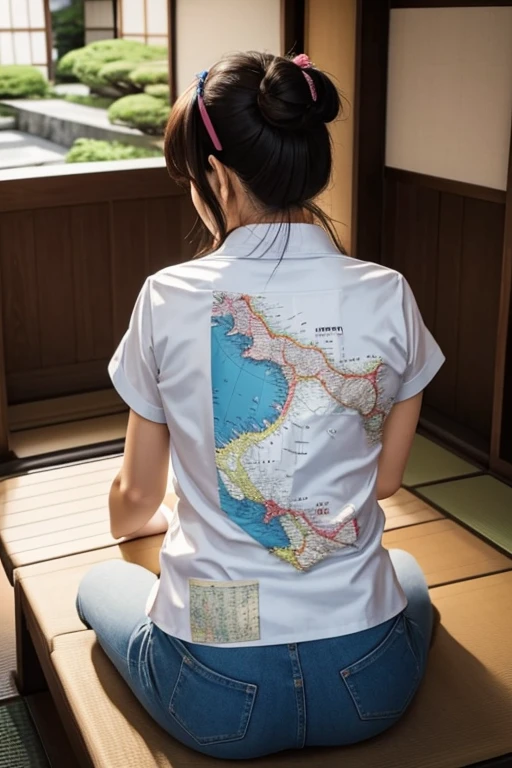 A map of Japan is printed on the back.ｔBack view of a beautiful girl wearing a shirt
