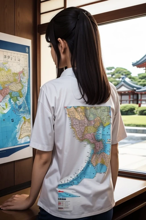A map of Japan is printed on the back.tBack view of a beautiful girl wearing a shirt