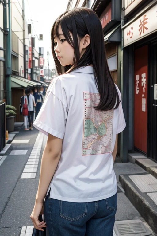 A map of Japan is printed on the back.tBack view of a beautiful girl wearing a shirt, standing on the street