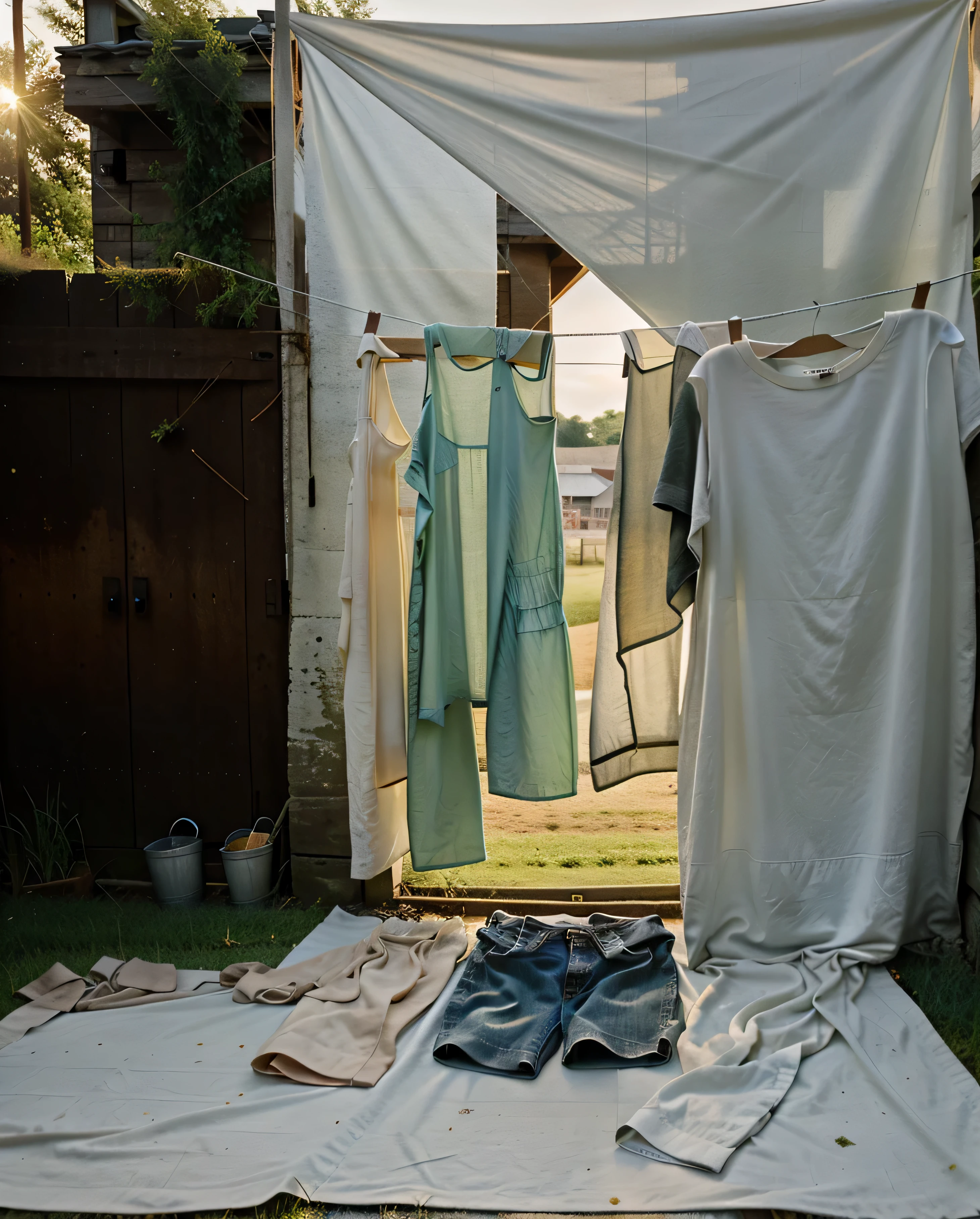 A clothesline with clothes, Grass floor, a stain of blood on the floor, Heat, sun, hot, Old farm, farm at dusk, afternoon sun, a farm in the afternoon, sunset in the countryside.
