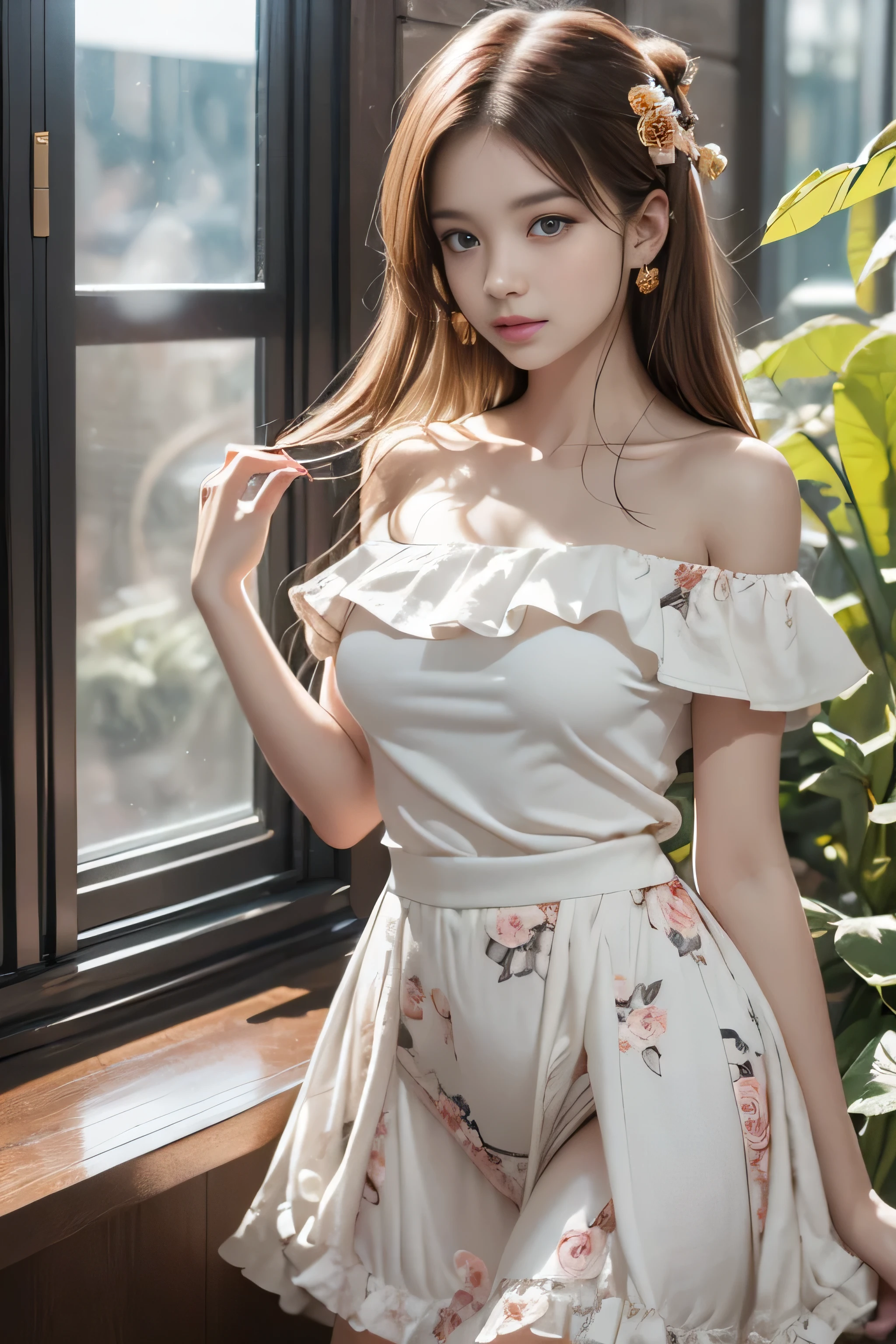 bright look、young shiny glossy white shiny skin、Best Look Rondo Reflective Light、Platinum blonde hair with dazzling highlights、shiny bright hair,、super long straight hair、Shining beautiful bangs、輝くクリスタルクリアな魅力的な大きな青いeye、very beautiful lovely cute girl,美しく細かいeye, beautifully detailed nose,(( whole body:1.5)),eyeが強調するメイク、royal style,comic style, , scattered below the surface, gorgeous details,(girl standing on the terrace)、 nature background, (medium sized breasts), ((cinematic)), dramatic lighting, table top、((Off-the-shoulder white floral dress:1.4))、(Loose and fluffy perm:1.4)、1 girl、Ultra-realistic 8k CG, 絵に描いたようなperfectionな顔, perfection, clean, table top, professional artwork, famous works, perfectionな顔, beautiful face, 美しいeye, ((perfectionな女性の体)), alone,(Immersive atmosphere, chiaroscuro:1.5,bright light:1.2,bright lighting),(blush:0.5),fascinating look,very detailed_eye,big,Beautiful and detailed background,written boundary depth,realistic:1.3, (long shot),((standing by the window)),((Skirt soars)),(long legs)、 (ambient light:1.3),(cinematic composition:1.3),(neon light:0.1),(nffsw:0.1),accent lighting,、(lift the skirt),((showing white lace panties))