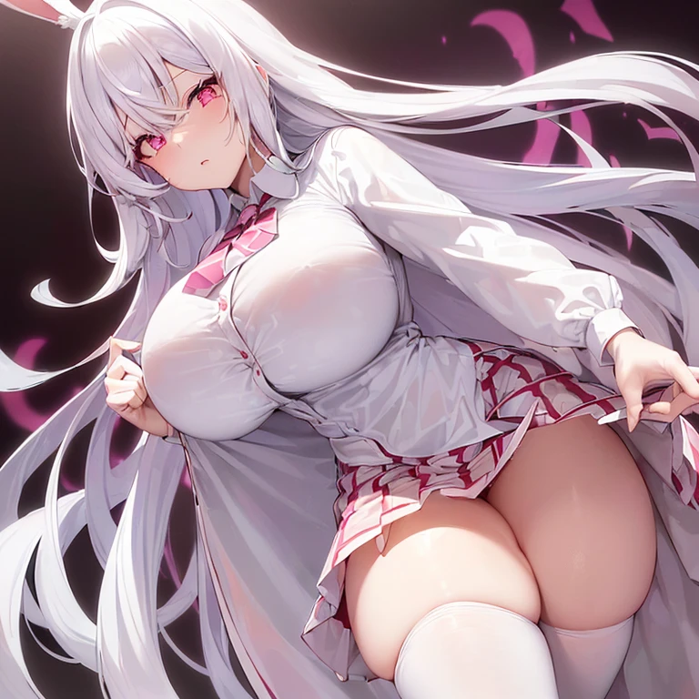 (((Alone))),(((Woman))),(((big breasts))),(((white rabbit ears))),(((white hair))),(((thin waist))),(((thick thighs))),(((reddish pink eyes))),(((light skin))),(((Wearing a white dress shirt with a checkered tie next to a checkered skirt reaching your knees)))
