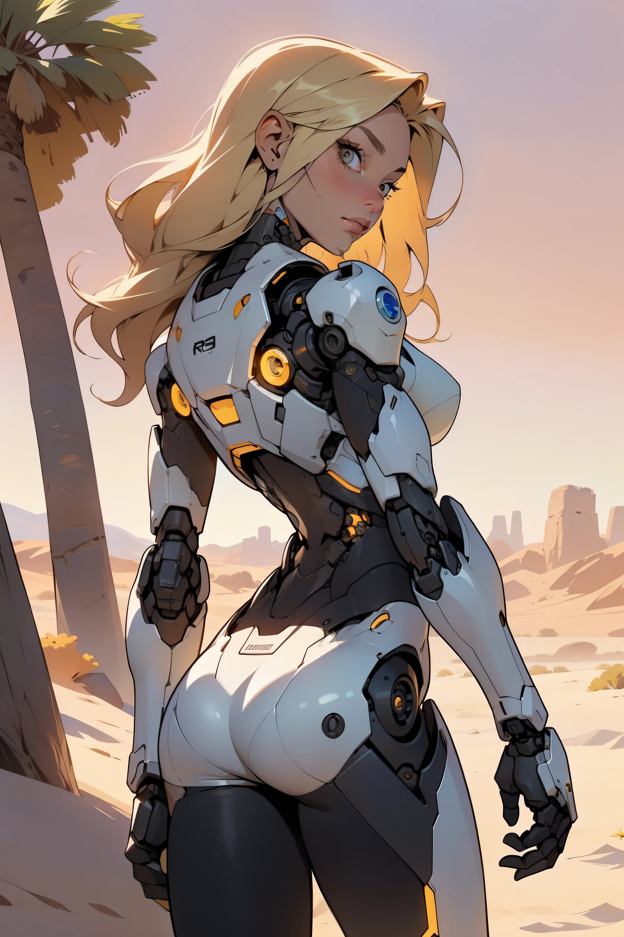 high quality, 4k, masterpiece, beautiful, cyborg girl, cowboy shot, dull eyes, back side, turning around to look at viewer, long blonde hair, girl, small breasts, fit thigh, robotic arms, robotic body, cyborg body, yellow accent, redaccent, intricate detail, joint, detailed lines, robotic detail, holding fist up, holding hand up as fist, color robotic parts, robotic parts with color, perfect fingers, on a desert planet, sunny background, colorful desert,