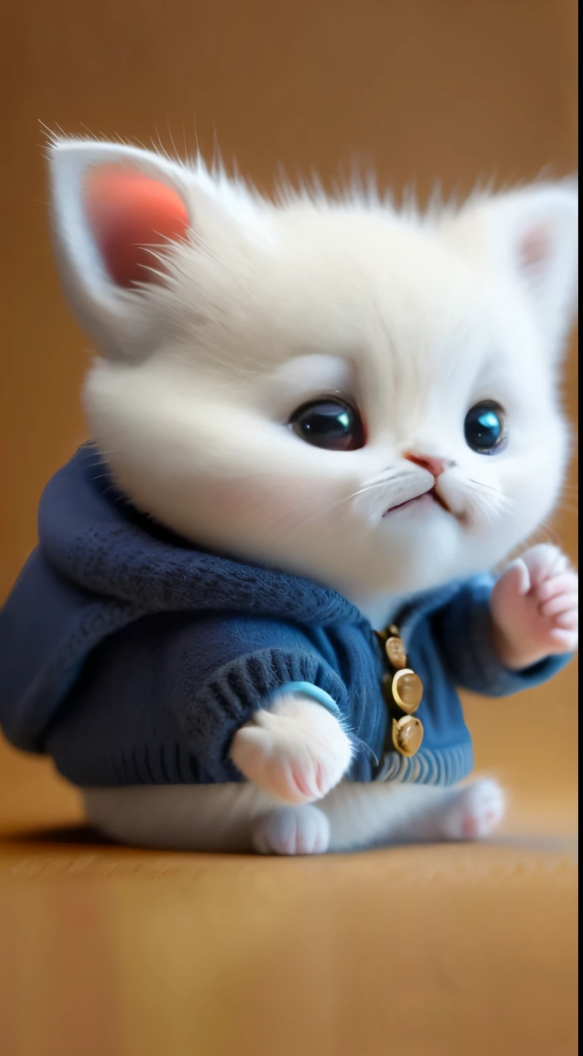 kitten in clothes, miniature kitten, Animal focus, bearded, realistic, POV Hand, ambiguous background,smile,interesting、