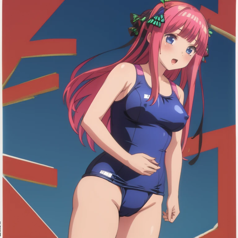 masterpiece, best quality, ultra detailed, best illustration, nsfw, 1girl, one-piece swimsuit, nino, pink hair, butterfly hair ornament