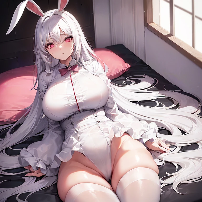 (((Alone))),(((Woman))),(((big breasts))),(((white rabbit ears))),(((white hair))),(((thin waist ))),(((thick thighs))),(((reddish pink eyes))),(((light skin))),(((Wearing a white dress shirt and black panties)))