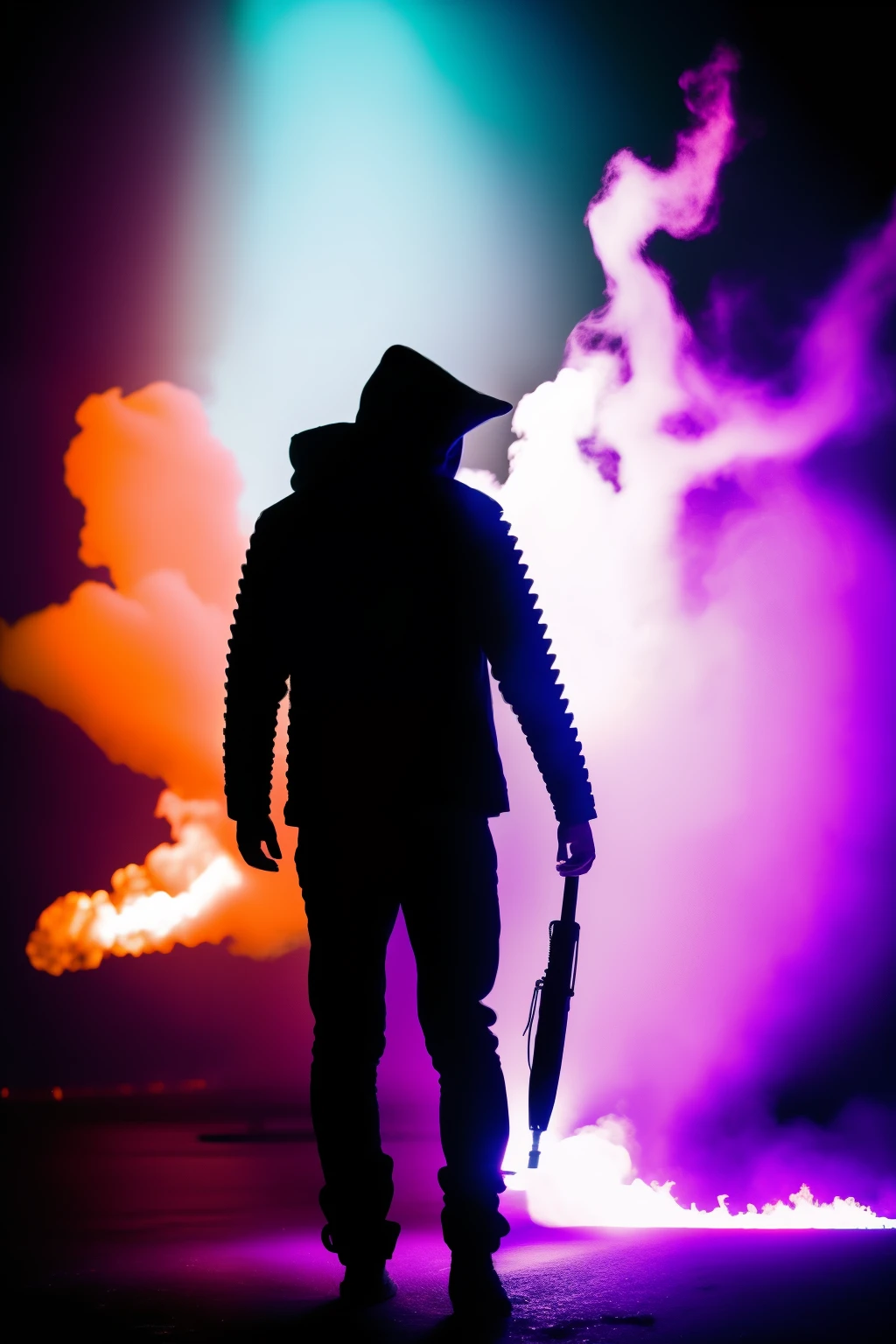 A silhouette of a hooded man stands boldly in the foreground, his back illuminated by the fierce glow of a white electric Fender Telecaster guitar. The thick red and purple smoke engulfing him, casting an otherworldly aura, adds to the striking and vivid style of the scene. The black light enhances the intricate details of his hood and the contours of his body. With a 16:9 aspect ratio, this realistic image immerses you deeper into the enigmatic ambiance.