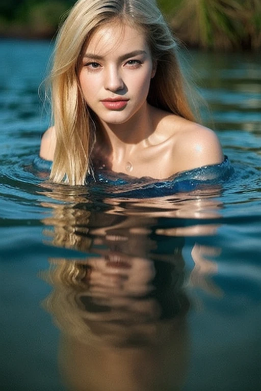 Beautiful realistic girl underwater in her with freckles and blonde curls and skin details in the field of flowers during the golden hour, skin with beautiful nostalgic mood and freckles with emotive face with wet skin and falling petals