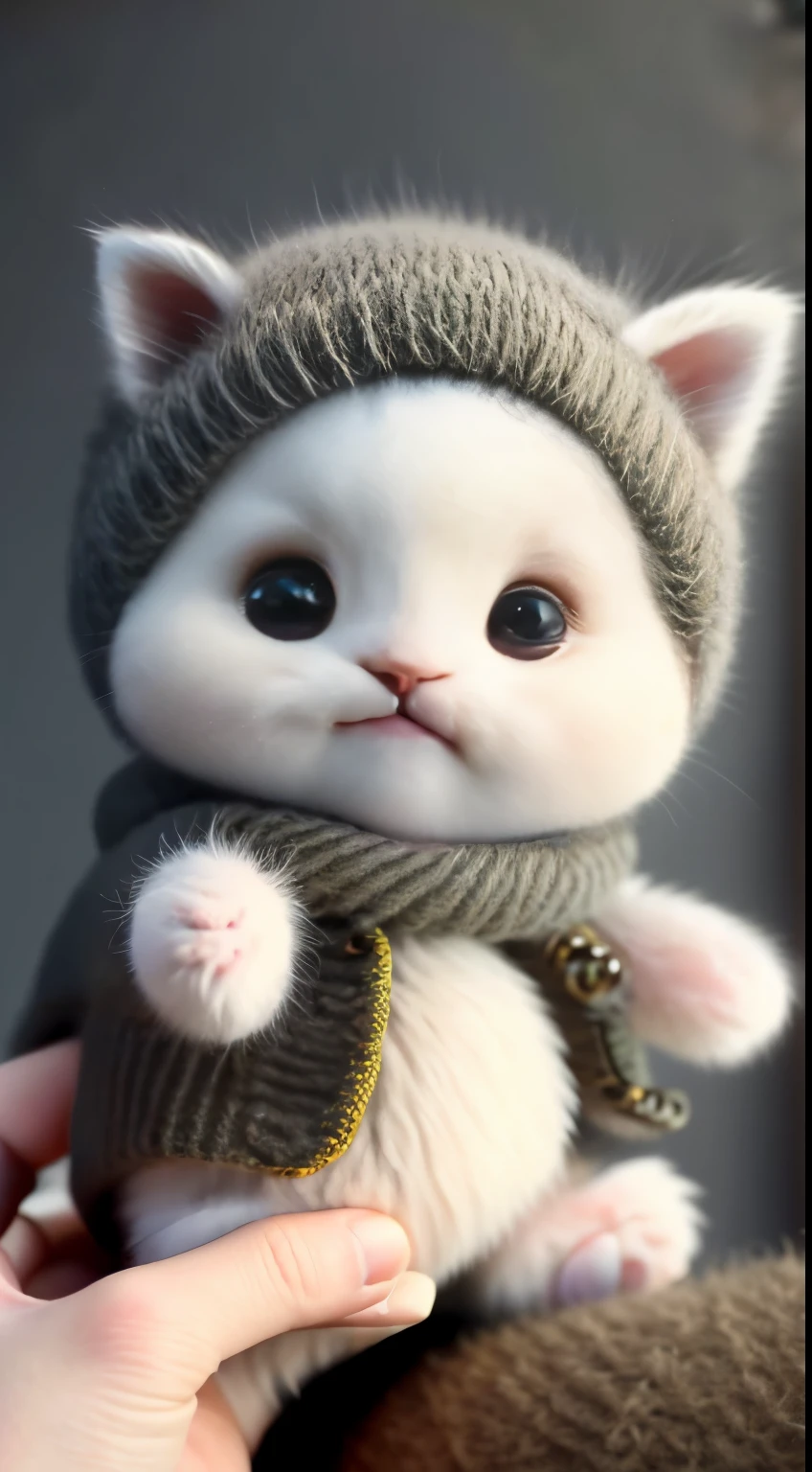 kitten in clothes, miniature kitten, Animal focus, bearded, realistic, POV Hand, ambiguous background,smile,interesting、