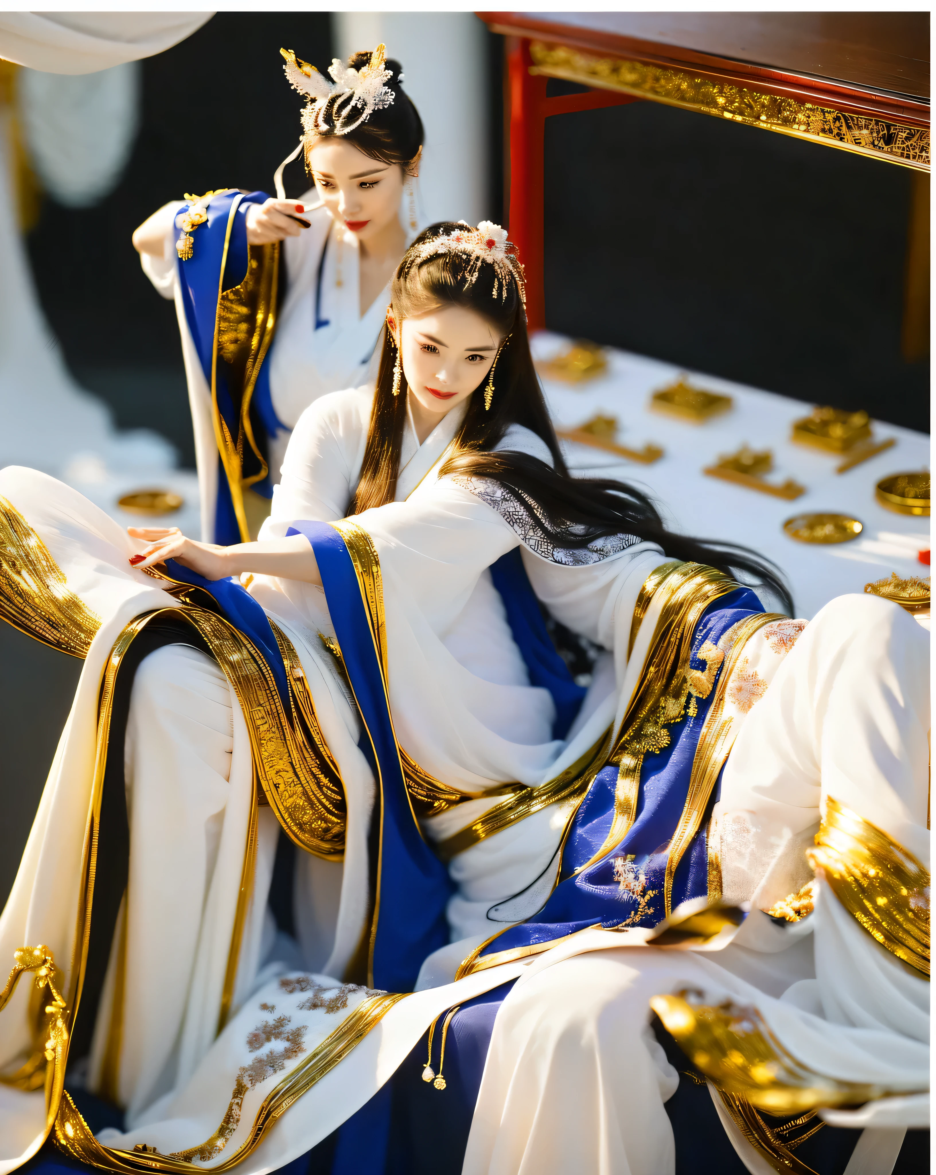 A woman wearing a white robe and another woman wearing a white dress are the main subjects of the artwork. The women are wearing traditional Chinese clothes, Especially Hanfu, Known for elegance and elegance. The woman in white robe represents the Queen of China, A woman wearing a white skirt represents a noble lady. Both are inspiRed by the beauty of Empress Dowager Cixi, Powerful figures in Chinese history.

The works are deeply influenced by traditional Chinese art and photography. The composition and style are inspiRed by the works of the famous Chinese painter Qiu Ying. Intricate details and delicate brushwork aim to capture the essence of traditional Chinese culture.

The color palette is rich and vibrant, Emphasis on traditional Chinese colors，For example, Red, Kaneko, and blue. These colors symbolize prosperity, fortune, and the nobility in Chinese culture. Use of soft furnishings, Warm lighting creates a warm and inviting atmosphere, Highlight women&#39;beauty and elegance.

Ensure the highest quality and authenticity of artwork, it should be described as "(best quality, 4K, 8k, high resolution, masterpiece:1.2), super detailed, (actual, photoactual, photo-actual:1.37)". Details and authenticity should be emphasized, showcasing artists&#39;skills and professionalism.

Comprehensive, Tips should be concise and descriptive, Capture the essence of a scene，while incorporating the requiRed details.