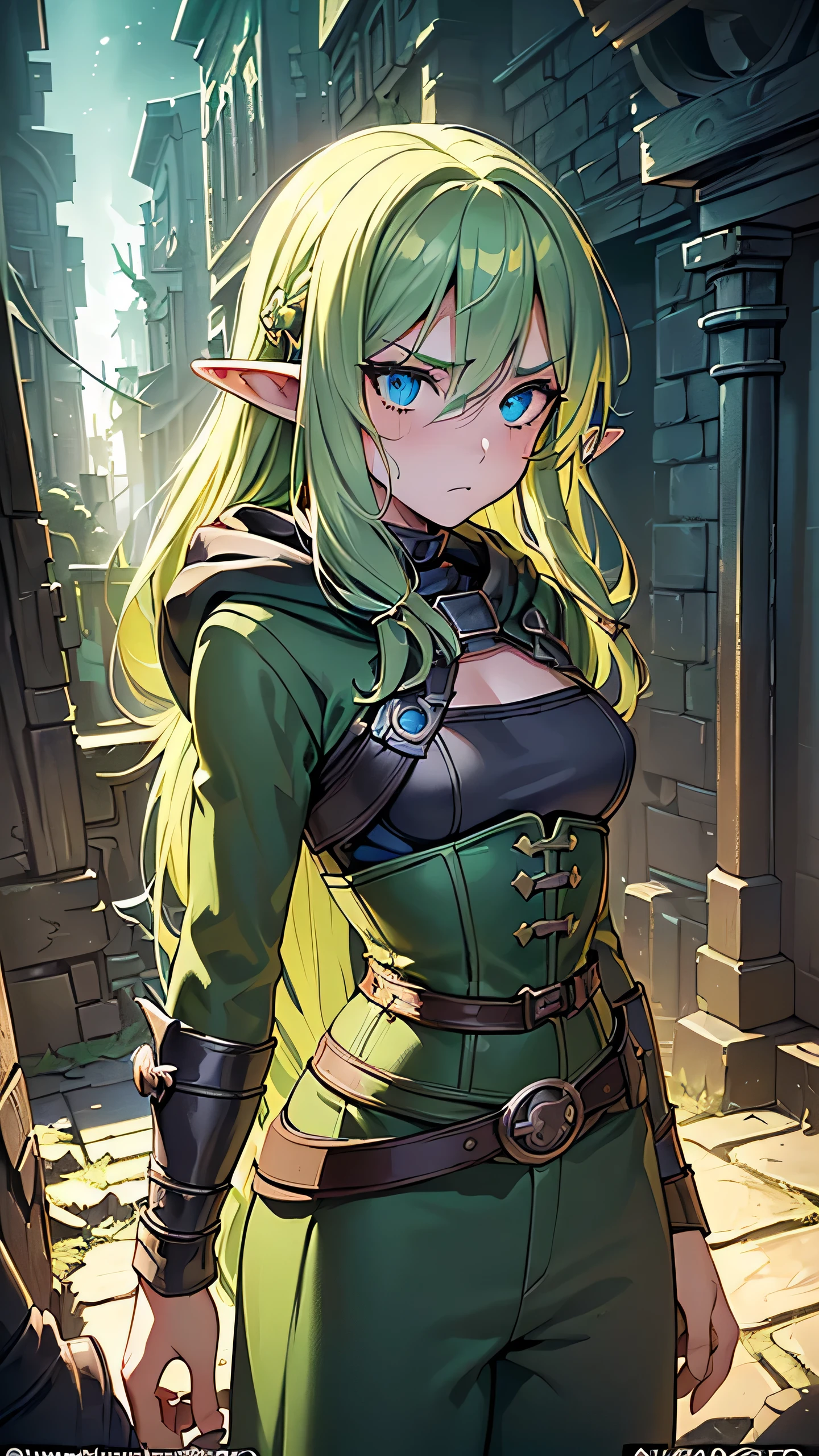 ((Ultra-detailed)), (top-quality), ((masterpiece)), ((Super exciting)), ((8K)), ((1080p)), ((extremely clear)), ((Very sophisticated)), ((Anime Graphics)), ((Anime quality)), ((Anime Illustration)), ((Upper lighting)), ((depth of fields)), ((Glowing skin)), ((gleaming)), ((shiny-glistening)), (3D)), ((Perfect Anatomy)), (Realistic skin texture), ((Detailed face description)), ((anime quality eyes)), (bright color:1.2), (fantasy), (((solo)), (a girl), (a beauty), (a elf)), ((blond hair), (long hair), (braid hair:0.8)), ((blue eyes), (slanted eyes)), ((green and long adventurer uniform:1.5), (long pants), (hoodie mantle) (corset)), ((darkest dungeon:1.3), (ruins:1.2), (blur background)), ((back shot)), (slender body), ((displeasure look), (blush), (look at viewers)), ((chest up)),