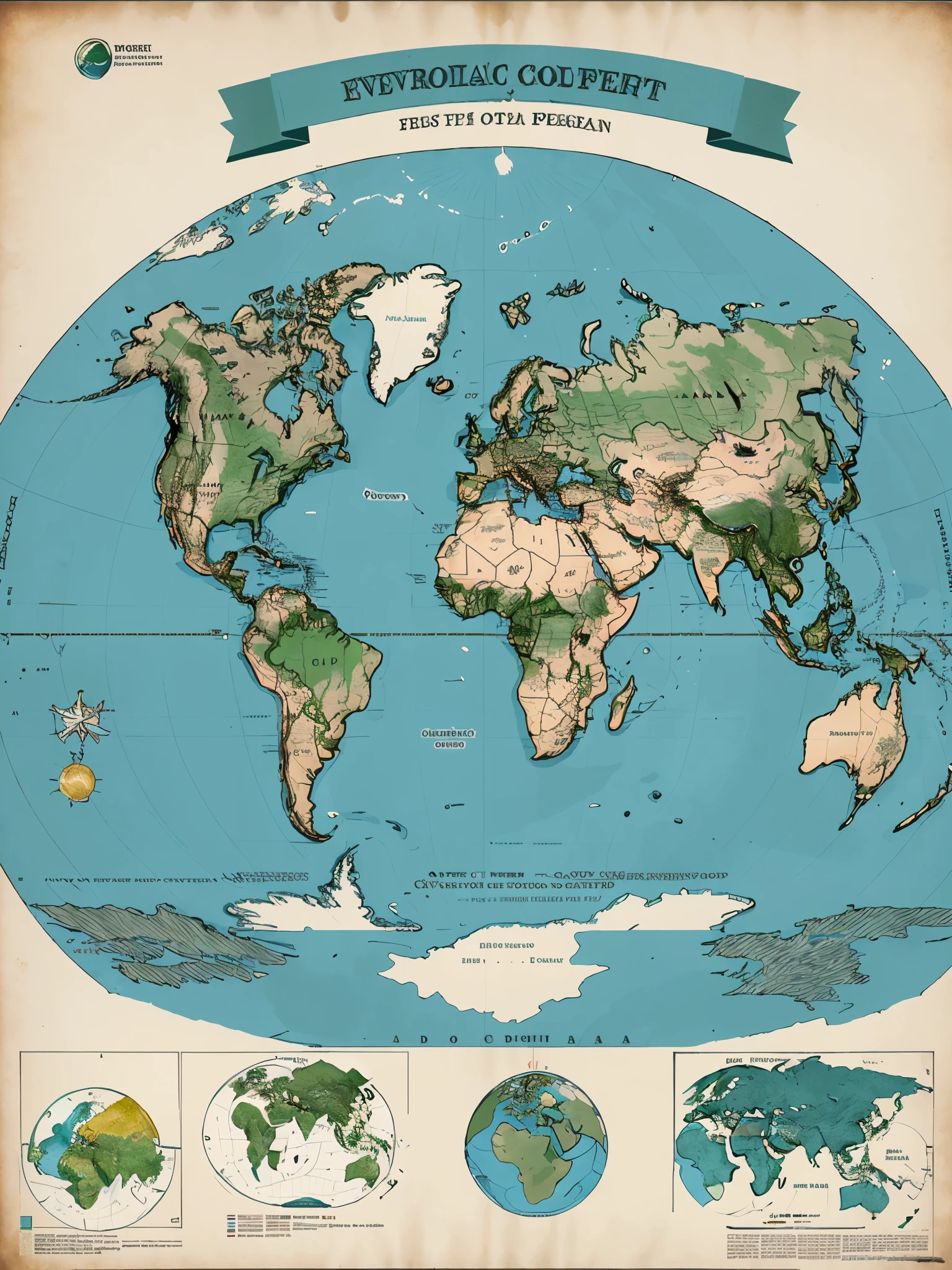 Ecological maps, on paper, detailed, Illustrating the ecological footprint or environmental changes in a region, world map