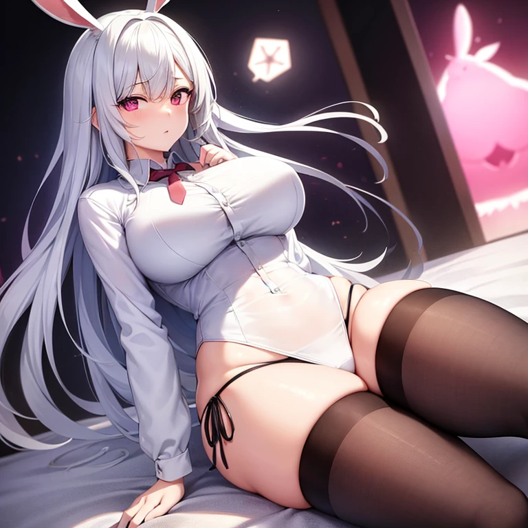 (((Alone))),(((Woman))),(((big breasts))),(((white rabbit ears))),(((white hair))),(((thin waist ))),(((thick thighs))),(((reddish pink eyes))),(((light skin))),(((Wearing a white dress shirt and black panties)))