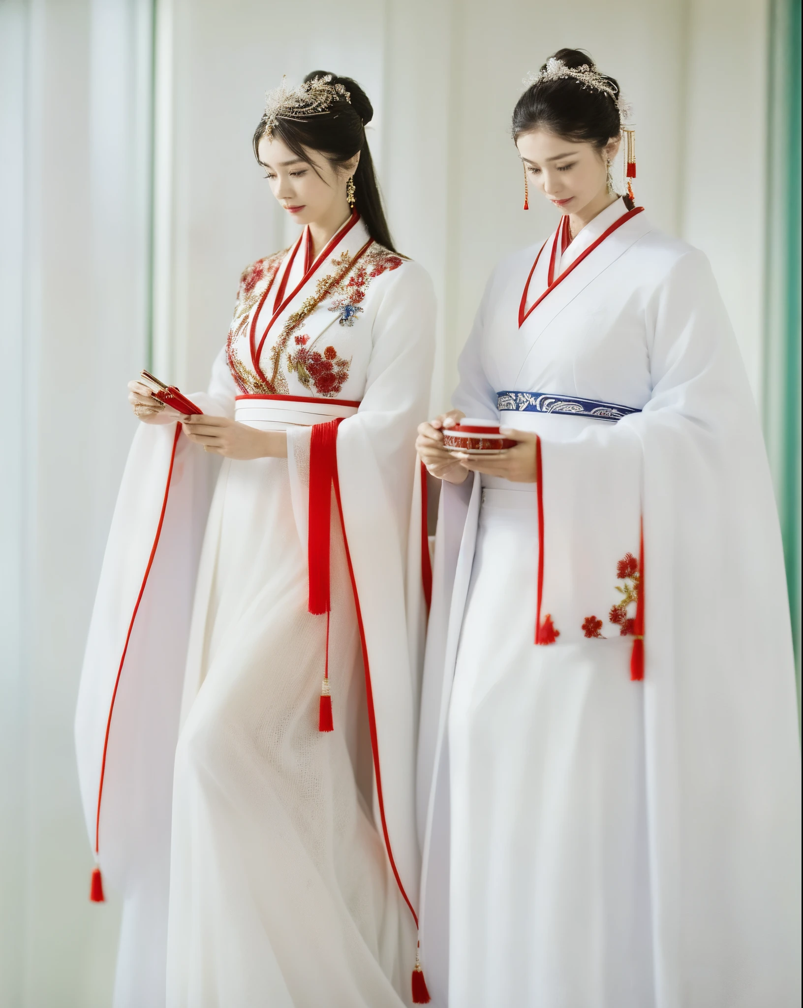 A woman wearing a white robe and another woman wearing a white dress are the main subjects of the artwork. The women are wearing traditional Chinese clothes, Especially Hanfu, Known for its elegance and elegance. The woman in white robe represents the Queen of China, The woman wearing a white skirt represents a noble lady. Both are inspired by the beauty of the Queen Mother, powerful people in china.

The artwork is deeply influenced by traditional Chinese art and photography. The composition and style are inspired by the works of the famous Chinese painter Qiu Ying. Intricate details and delicate brushwork aim to capture the essence of Chinese tradition and culture.

The color palette is rich and vibrant, Emphasis on traditional Chinese colors，For example, red, Kaneko, and blue. These colors symbolize prosperity, fortune, and the nobility in Chinese culture. Use of soft furnishings, Warm lighting creates a warm and inviting atmosphere, Highlight women&#39;s beauty and elegance.

Ensure the highest quality and authenticity of the artwork, it should be described as "(best quality, 4K, 8k, high resolution, masterpiece:1.2), Super detailed, (actual, photoactual, photo-actual:1.37)". Details and authenticity should be emphasized, Demonstrate the artist&#39;s skill and expertise.

comprehensive, Prompts should be concise and descriptive, Capture the essence of a scene，while incorporating the required details.