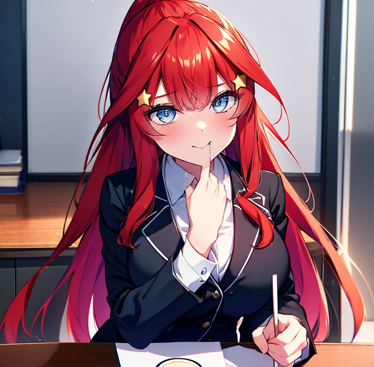 , , mksks style, detailed background, 1 girl, alone, Itsuki Nakano, elder, mature woman, star hair ornament, long hair, redhead, choke, bangs, hair amazing eyes, ponytail, blue eyes, big breasts , OL, red glasses, Fundo, black suit jacket, collared jacket, white dress shirt, collared shirt, neckline, button, strap, ID card on neck, black pencil skirt, black pantyhose, smile, blush, looking at the viewer, fascinating, Sit on a busty chair,Girl eating food,at a table,(masterpiece:1.2), highest quality, High resolution, unity 8k wallpaper, (figure:0.8), (beautiful and fine eyes:1.6), highly detailed face, perfect lighting, Very detailed CG, (perfect hands, perfect anatomy),