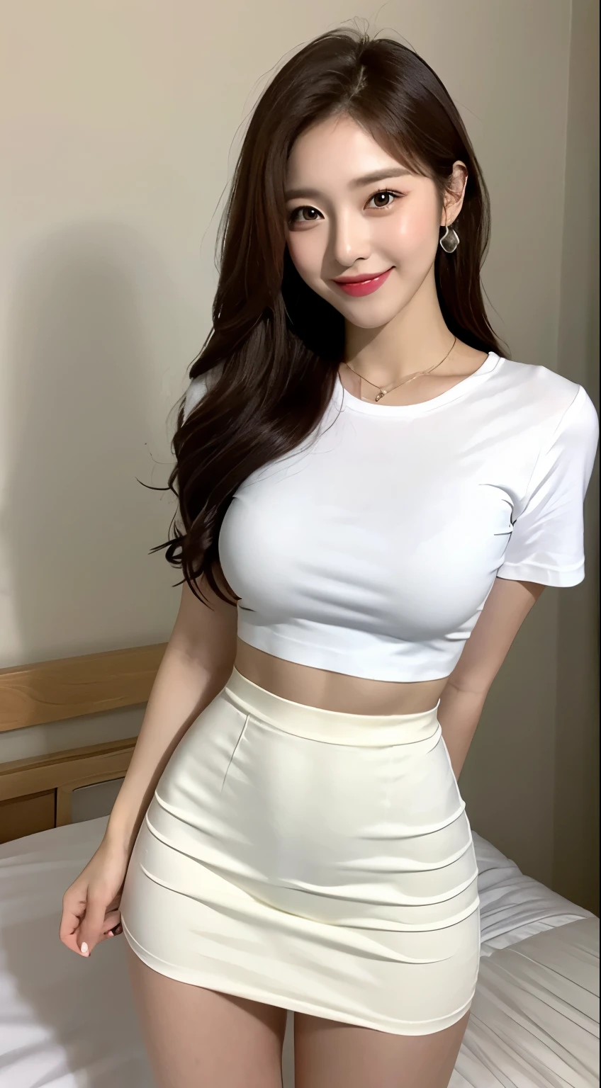 White tight shirt、White tight mini skirt、bed、smile、short sleeve、high resolution、Hallyu Idol Face