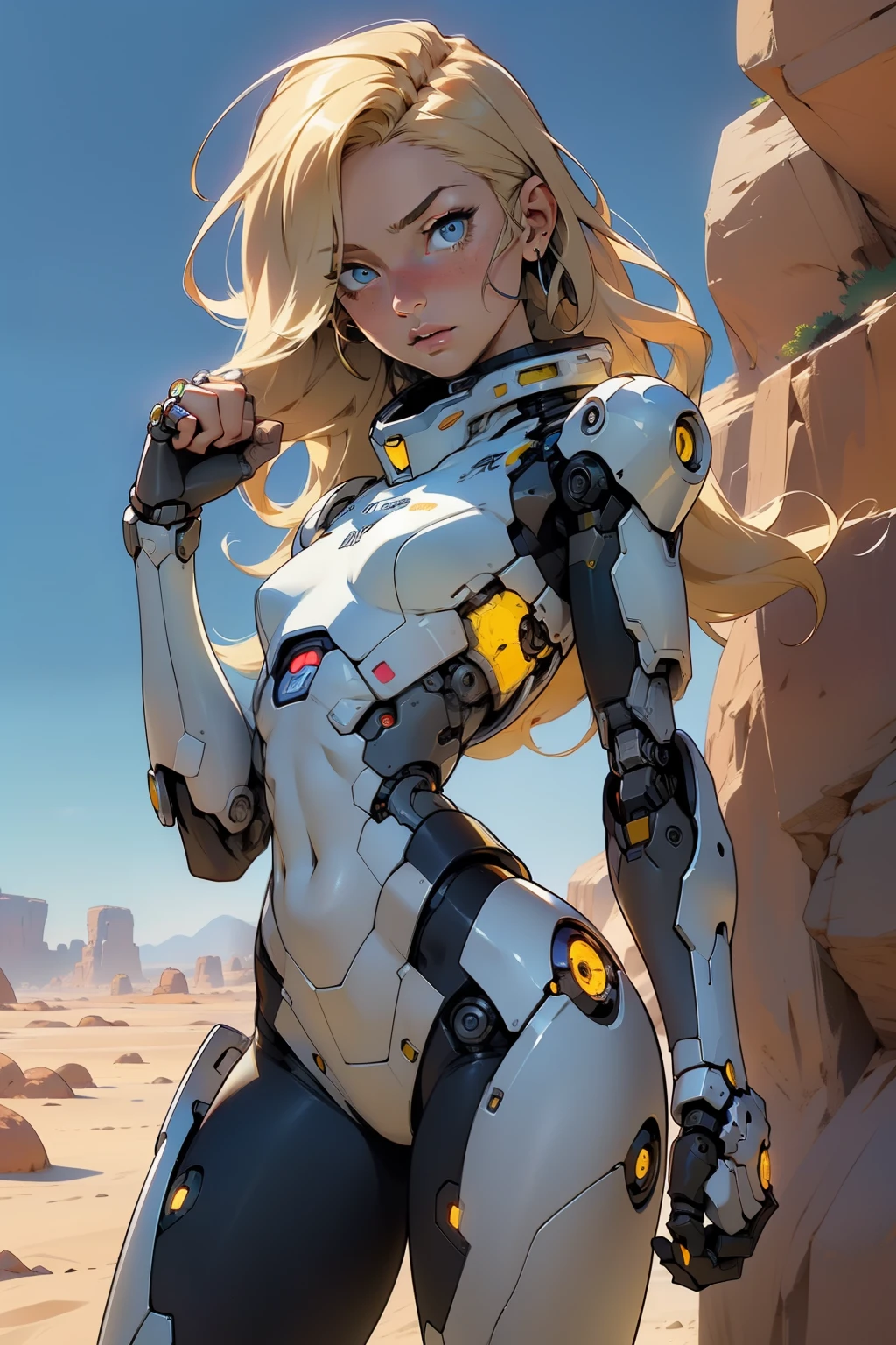 high quality, 4k, masterpiece, beautiful, cyborg girl, cowboy shot, dull eyes, looking at viewer, long blonde hair, girl, small breasts, fit thigh, robotic arms, robotic body, cyborg body, yellow accent, intricate detail, joint, detailed lines, robotic detail, holding fist up, holding hand up as fist, color robotic parts, robotic parts with color, perfect fingers, on a desert planet, sunny background, colorful desert,