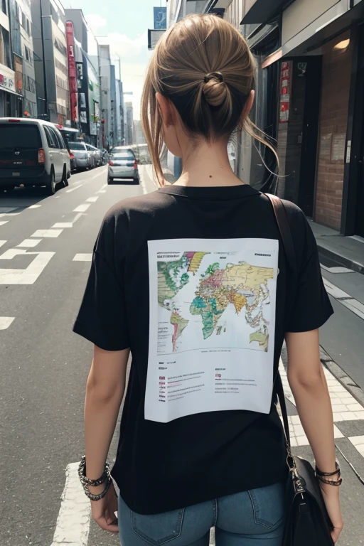 A map of Japan is printed on the back of t-shirts. Back view of a beautiful blonde girl wearing a shirt, standing on the street