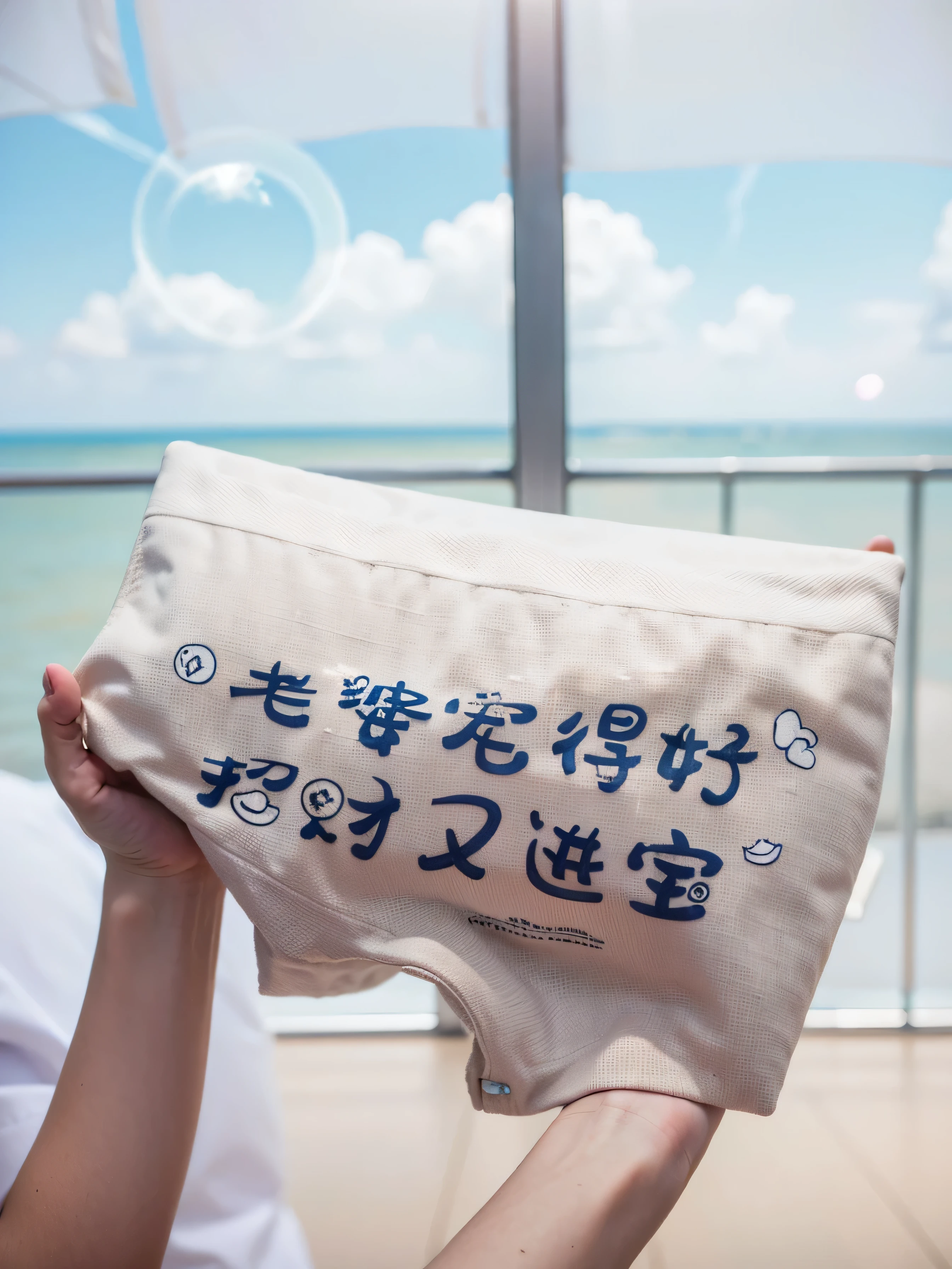 One hand holding boxers, ( Hotel floor-to-ceiling windows:1.2 , City:1.1, seaside:1.2) ,sunny ,Vision,background bokeh