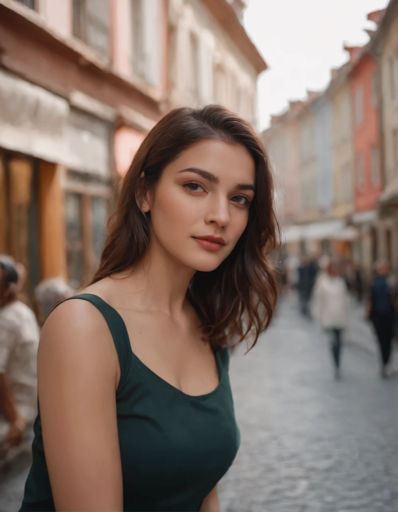 travellers, in the style of rap aesthetics, girl,Istanbul, Turkey, make for a memorable photo. The background is colourful houses in the Beyoğlu neighborhood ,photo taken with fujifilm superia, charly amani, oversized portraits, babycore, upper body