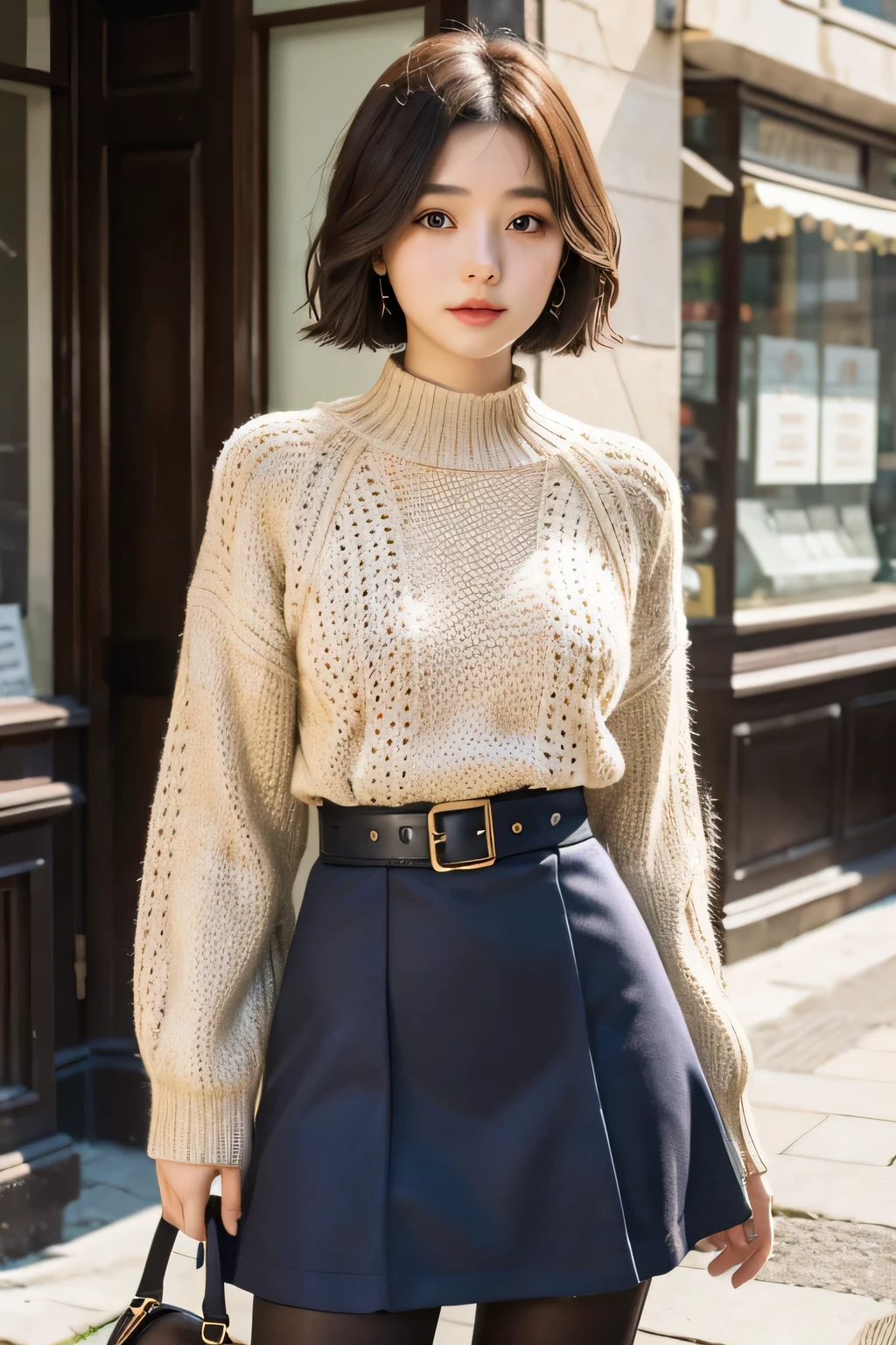 Realistic college girl in kashkur knitted dress、short hair、Wear ultra-realistic pantyhose、