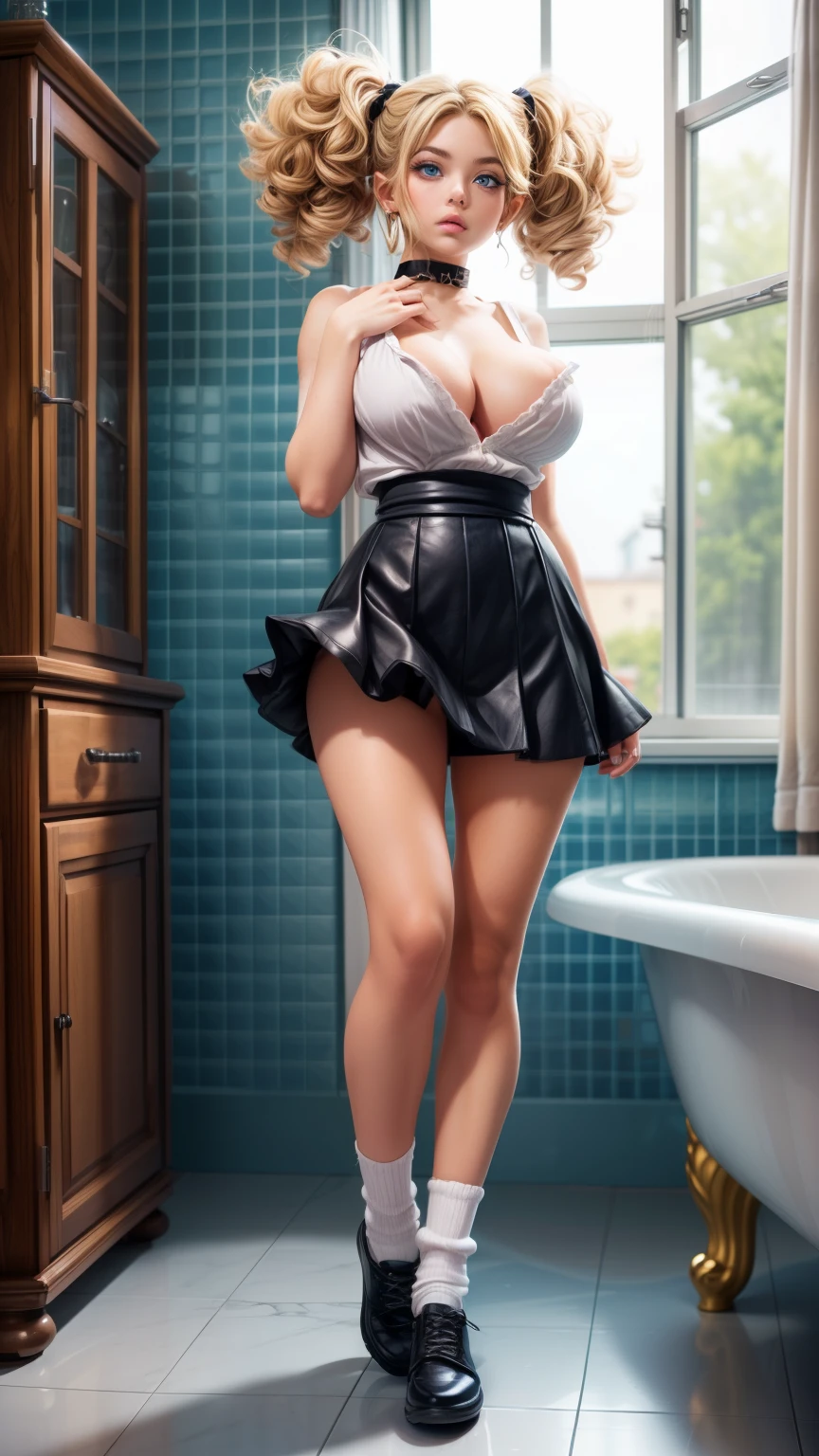 ( candyland:1.1), bathroom, girl, blondy, (slutty:1.5), (((perfect female body, narrow waist))), (big breasts), long legs, pussy, (beautiful:1.3), (blue eyes, pigtails, curly hair), choker, thick thighs, thighs, cinematic, earrings, shoes, socks, (Micro skirt:1.1), nervous512, natural pose