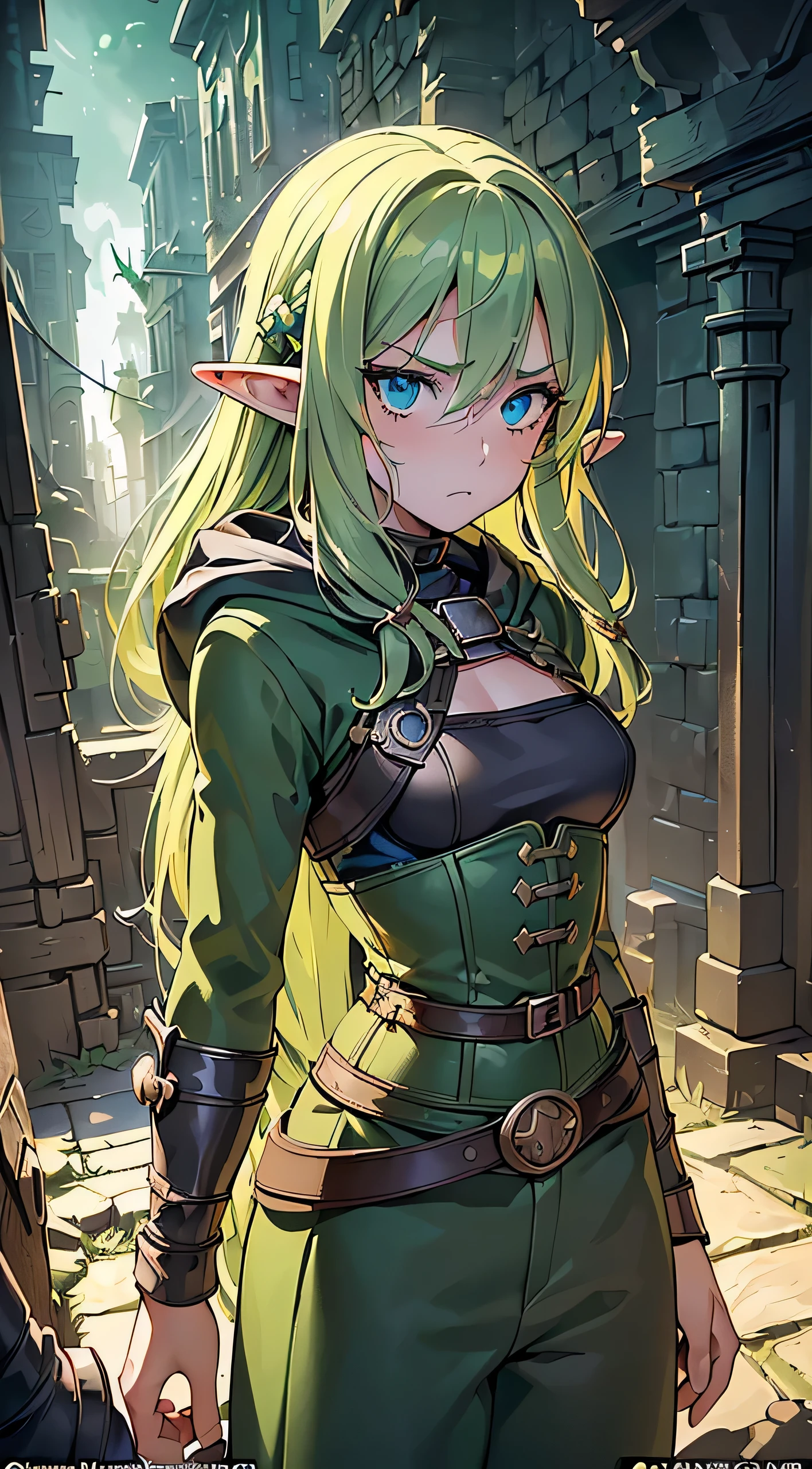 ((Ultra-detailed)), (top-quality), ((masterpiece)), ((Super exciting)), ((8K)), ((1080p)), ((extremely clear)), ((Very sophisticated)), ((Anime Graphics)), ((Anime quality)), ((Anime Illustration)), ((Upper lighting)), ((depth of fields)), ((Glowing skin)), ((gleaming)), ((shiny-glistening)), (3D)), ((Perfect Anatomy)), (Realistic skin texture), ((Detailed face description)), ((anime quality eyes)), (bright color:1.2), (fantasy), (((solo)), (a girl), (a beauty), (a elf)), ((blond hair), (long hair), (braid hair:0.8)), ((blue eyes), (slanted eyes)), ((green and long adventurer uniform:1.5), (long pants), (hoodie mantle) (corset)), ((darkest dungeon:1.3), (ruins:1.2), (blur background)), ((back shot)), (slender body), ((displeasure look), (blush), (look at viewers)), ((chest up)),