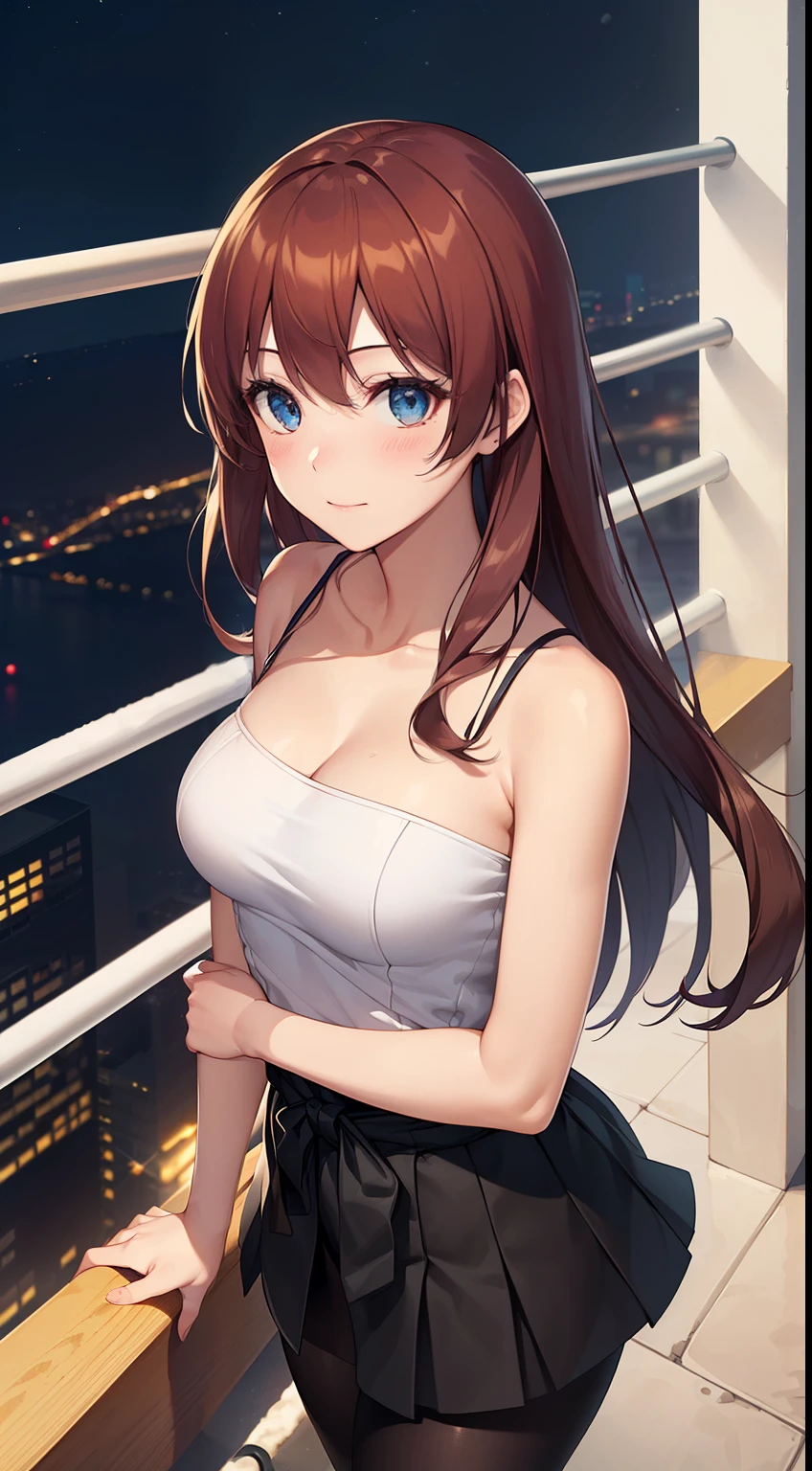 ((masterpiece, best quality, high resolution, ultra high definition, Pixel perfect, depth of field, 4K, RTX, human development report))), 1girl in, single, alone, Beauty、see whole body、 ((Long hair to waist, Short Liuhai, reddish brown hair)), ((blue eyes, beautiful eyelashes, realistic eyes)), ((Detailed face, blush:1.2)), ((smooth texture:0.75, lifelike质感:0.65, lifelike:1.1, Anime CG style)), medium breasts, Perfect body, ((White shoulderless sweater, exposing her chest, Fold skirt,Black tights)), A confident smile, body leaning against railing, Look down from above、(The wind is strong and blows my hair,The chest is exposed、Black tights) , Night view platform,Snowy nights