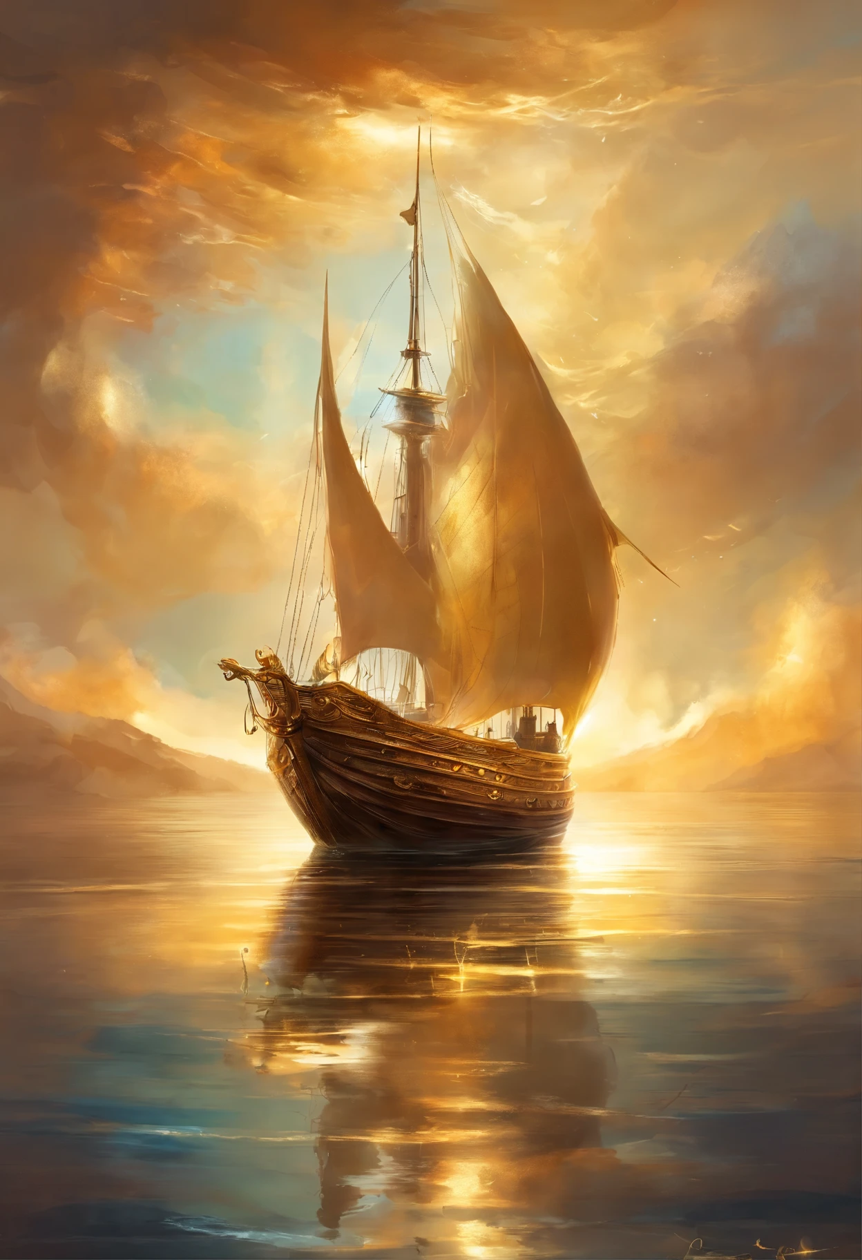 a boat on a calm sea, made from gold as its sails with the movement of waves