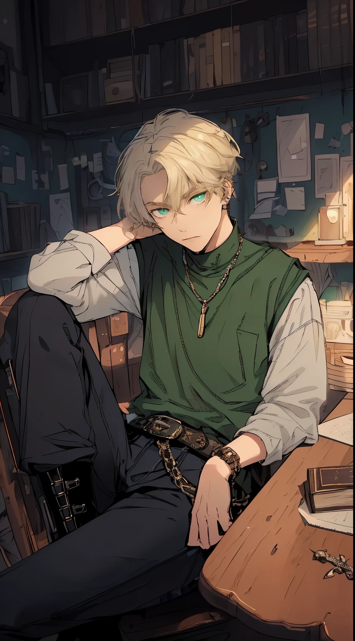 Hansome young man, sitting at a desk, short platinum blond, slender eyes, fashionable, green sleeveless vest, white high-collar shirt, chain accessory, military-style medals, light blue jeans, black belt, background is a stylish room, angle matching the character's gaze,high quality, amount of drawing, pixiv illustration