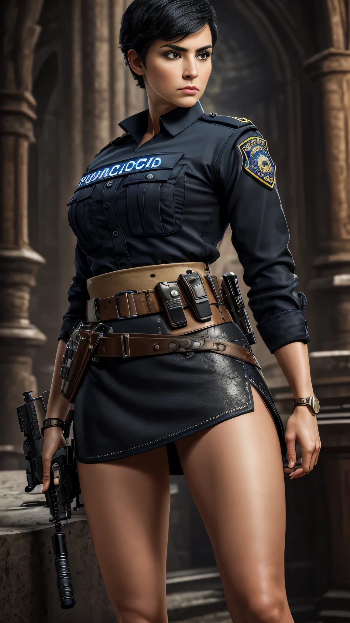 masterpiece, highest quality, RAW, analog style, a stunning photo of a CASSANDRA, (solo), (very short black hair), ((scar on left cheek)), police woman, ((police shirt)), (black police skirt), (heels), ((pistol)), (highly detailed skin, skin details), full body view, sharp focus, 8k UHD, DSLR, high quality, film grain, Fujifilm XT3, frowning, intricately detailed, highly detailed, cluttered and detailed background