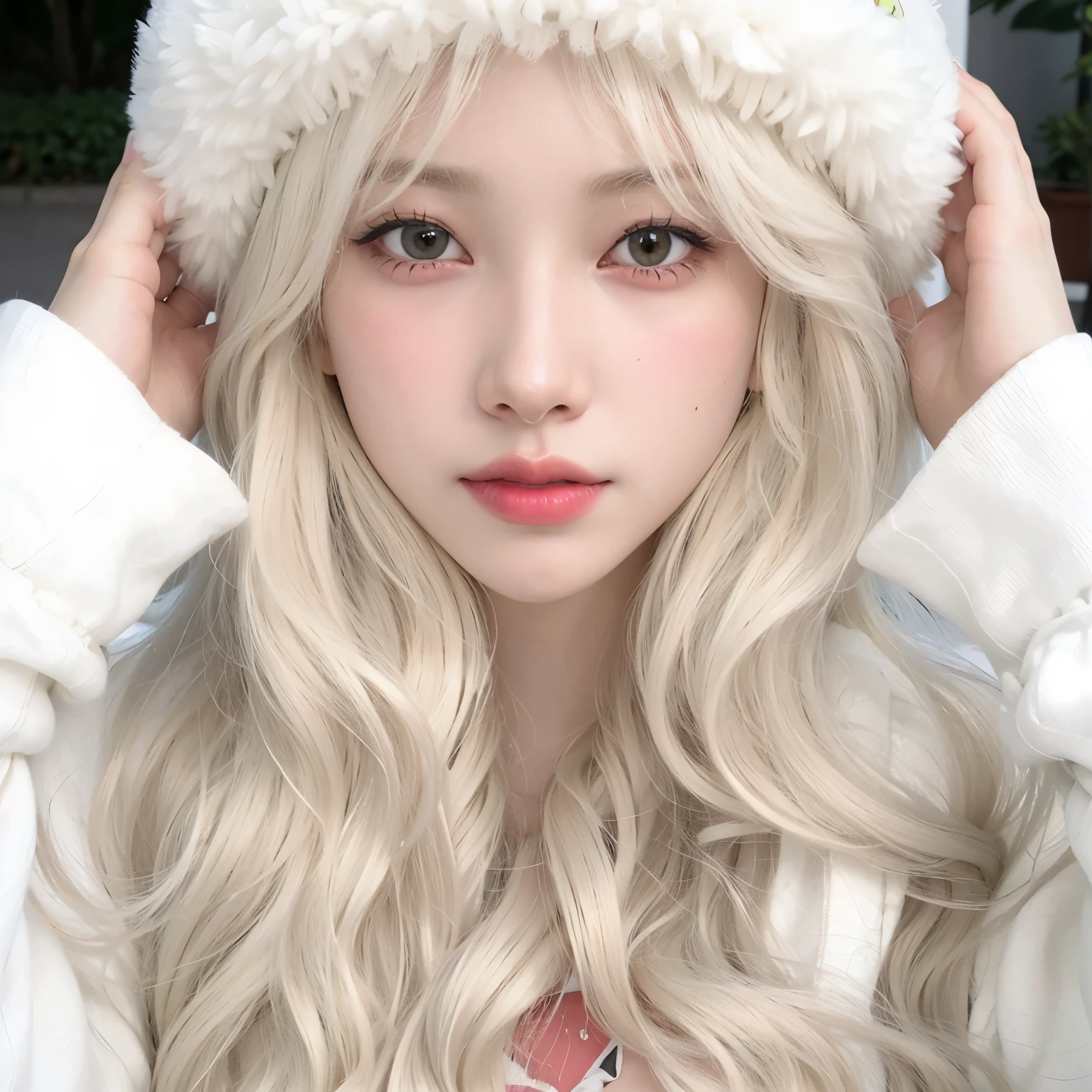 araffe girl with long blonde hair wearing a white hat, with white long hair, with long white hair, long white hair and bangs, long wavy white hair, ulzzang, perfect white haired girl, her hair is white, girl with white hair, wavy white long hair, white curly hair, white bangs, white hime cut hairstyle