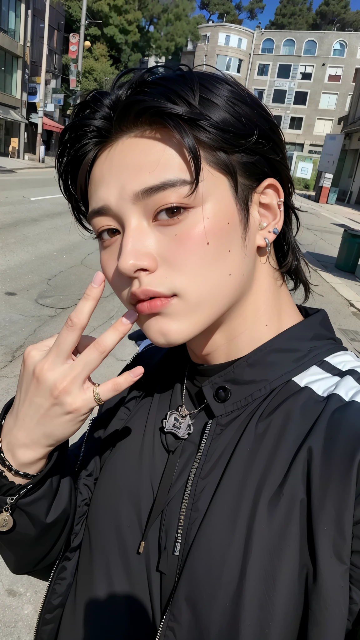 arafed asian man with black hair and piercings posing for a picture, male ulzzang, cai xukun, jinyoung shin, south korean male, inspired by Yanjun Cheng, inspired by Zhang Han, hong june hyung, hyung tae, yanjun chengt, wan adorable korean face, jinyoung shin aesthetic, kanliu666, handsome japanese demon boy, jungkook, jung kook, jeon jung kook, jeon jungkook