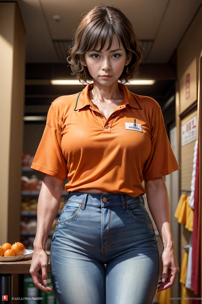 (best quality:1.3), (8K, RAW photo), (realistic, photo-realistic:1.3), high-resolution, ultra-detailed, highly detailed, extremely intricate, film grain, sharp focus, (photo of a 45 year old mature Japanese female:1.5), working at supermarket, smile, (dark brown hair, short perm hair), highly detailed face, detailed black eyes, (wearing orange polo shirt with supermarket logo and (clean denim pants):1.3), fit body, (highly detailed skin texture, with age-appropriate wrinkles:1.3), (full body), standing, (front facing), looking at viewer, (cowboy shot), perfectly-centered, high-key lighting, electric lighting, frontlight, supermarket background, ceiling, ceiling light, (a 45 year old mature Japanese female:1.5)