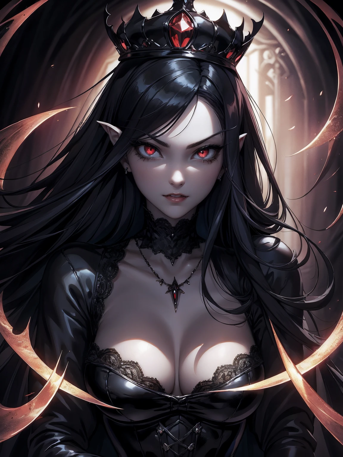 absurdres, ((stunning female Vampire))), goth Renaissance, (long black hair:1.erfect and detailed angular sharp oval shaped face, ((redeyes)), jewelry, red and black tetradic colors, full lips, gothic castle background, (solo), perfect anatomy, approaching perfection, ethereal, intricate details, ultra-high definition, 12k resolution, goth aesthetic, smooth, sharp focus, dreamy, glowing, backlit, glamour, glimmer, fantastical, shadows, smooth, Gothic crown, illustration