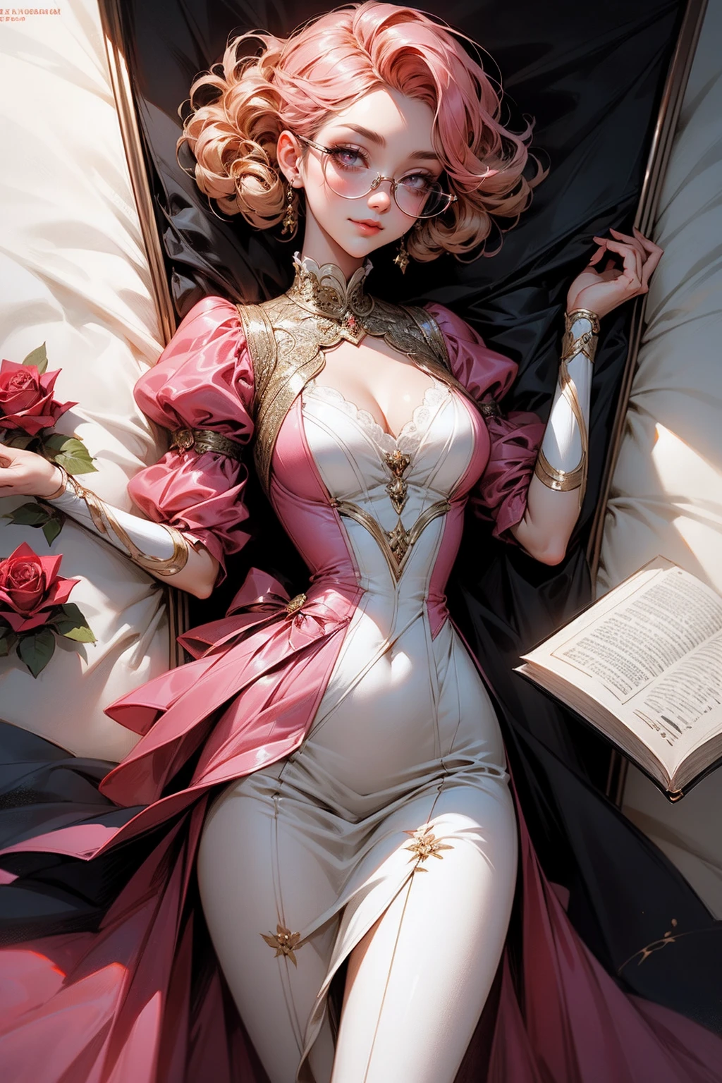 Anime girl tuxedo with curly rose gold hair and round gold glasses, rose gold eyes. Guviz style art, attractive detailed art style, Charlie Bowater Style, 1 7 - year - old cute anime girl, detailed manga style, detailed anime character art, germ of art. High detail, stunning manga art style. Rose dress. (pink dress) . Wearing rose gold Victorian clothing. Dancing, walking, drinking, reading, writing, lying, standing, on your back, dynamic poses, smile, closed mouth. Different Pose.