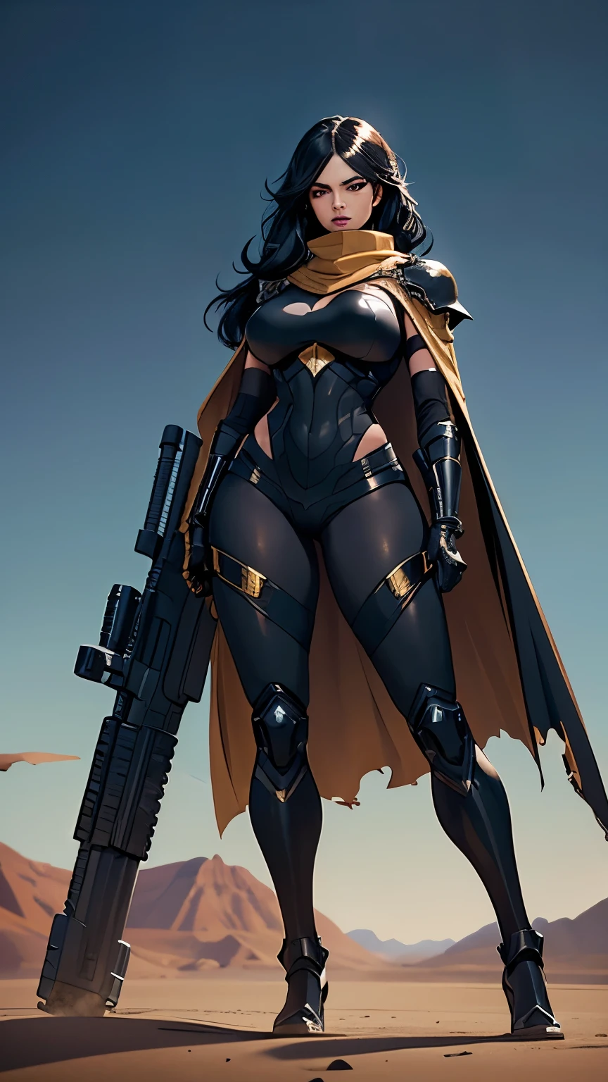 curvy woman, wearing torn black cape, wearing metallic gold futuristic armor suit, skull scarf, posing with sci-fi rifle, very long black hair, windy desert background, ultra definition, full body focus.