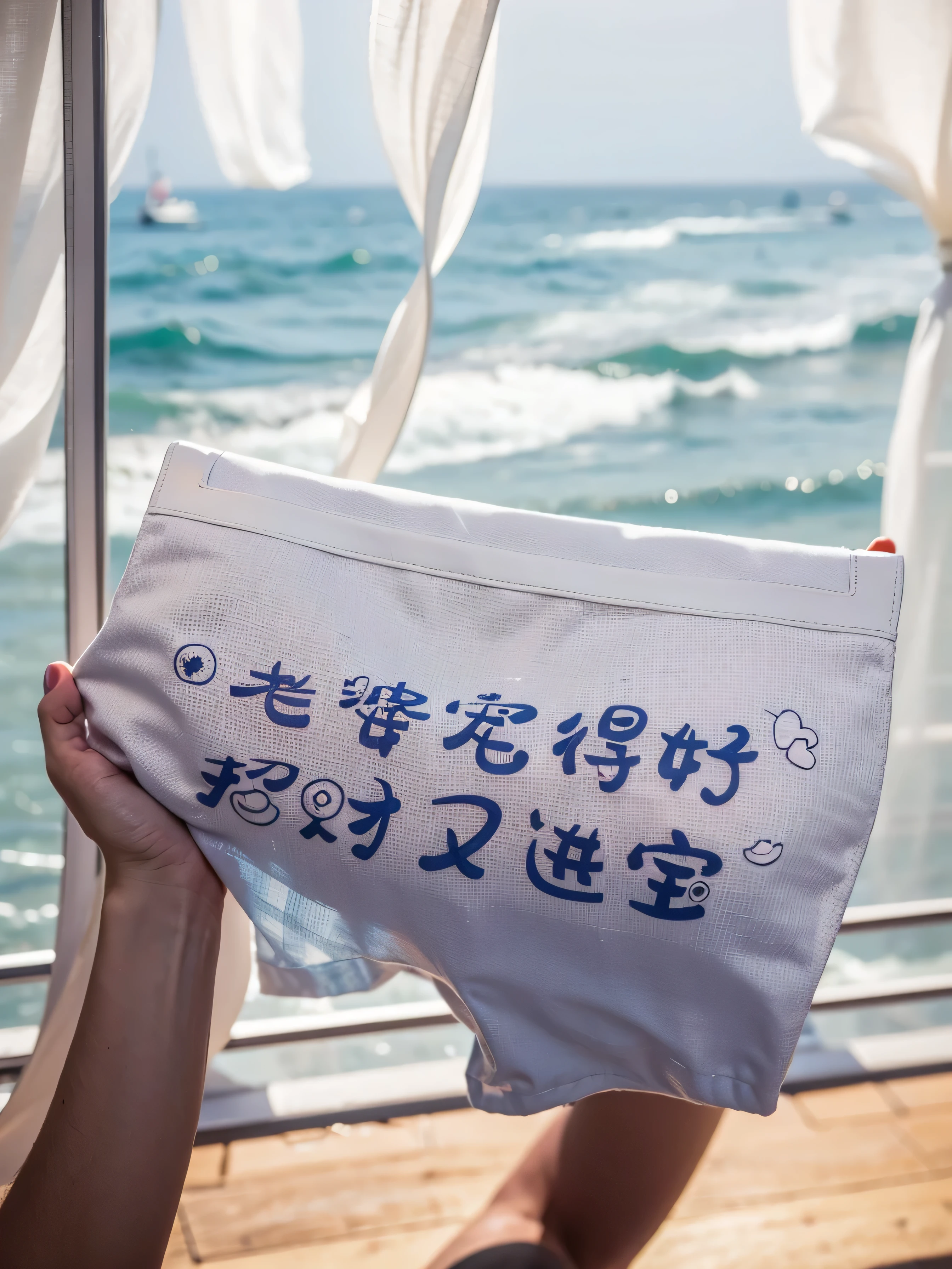 One hand holding boxers, ( Hotel floor-to-ceiling windows:1.2 , City:1.1, seaside:1.2) , (sunny ) ,Vision,background bokeh