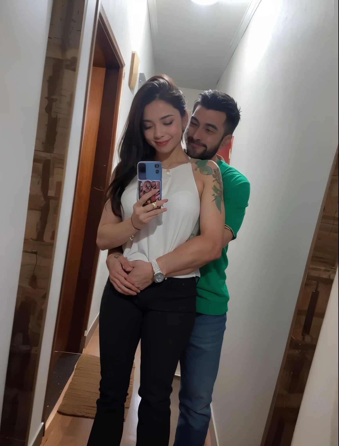 there is a man and a woman standing in a hallway looking at a cell phone, powder Nándor Katona, imagem de qualidade muito baixa, selfie apaixonada, lovely couple, pose de casal, They are in love, 8k 50mm iso10, foto de baixa qualidade, 1614572159, foto muito precisa