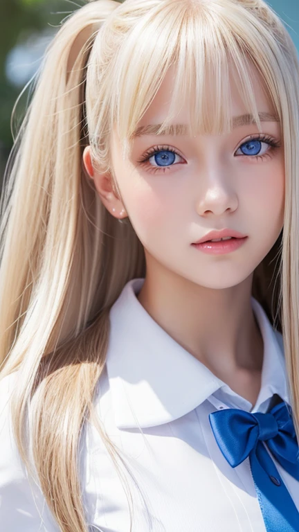 Portrait、school uniform、bright look、ponytail、Young, shiny, white, glossy skin、best beauty、Blonde reflected light、Platinum blonde hair with dazzling highlights、shiny bright hair,、super long silky straight hair、Shining beautiful bangs、Sparkling clear and charming big blue eyes、very beautiful lovely cute 16 year old girl、rich bust