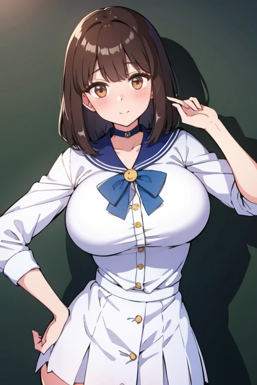 elite school uniform, blue white gold uniform,(button gap:1.5), white skirt, white top, blue ribbon, golden buttons, golden shoulder pats, young adult, 19 years, brown hair, blunt bang haircut cut, brown eyes, beautiful brown eyes, big breast, striking body curves, horny smile, pink lips,  girl, cute pose, masterpiece, classroom background, school