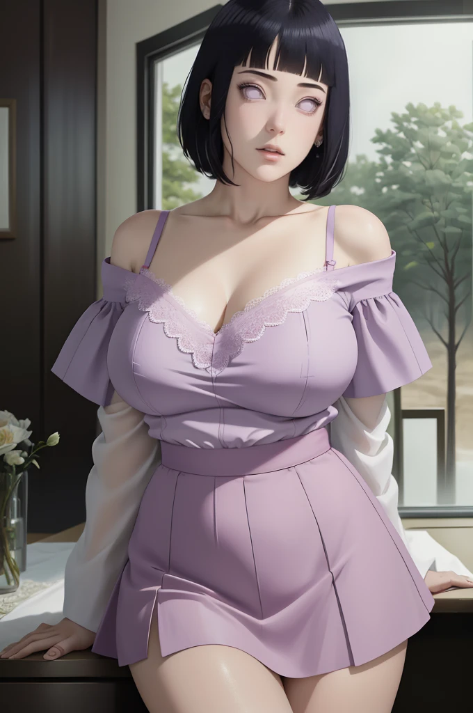 (masterpiece) (huge titusty, masterpiece, absurdres, hinata\(boruto\), 1girl, solo,mature female, off-shoulder bra, high waist short skirt, looking at viewelling petals), perfect composition, detailed lips, big breast, beautiful face, body propotion, blush, (pink lips), short hair, purple eyes, soft gaze, super realistic, detailed, photoshoot, realistic face and body, dancing lightly, lilac eyes, full body, lace clothes