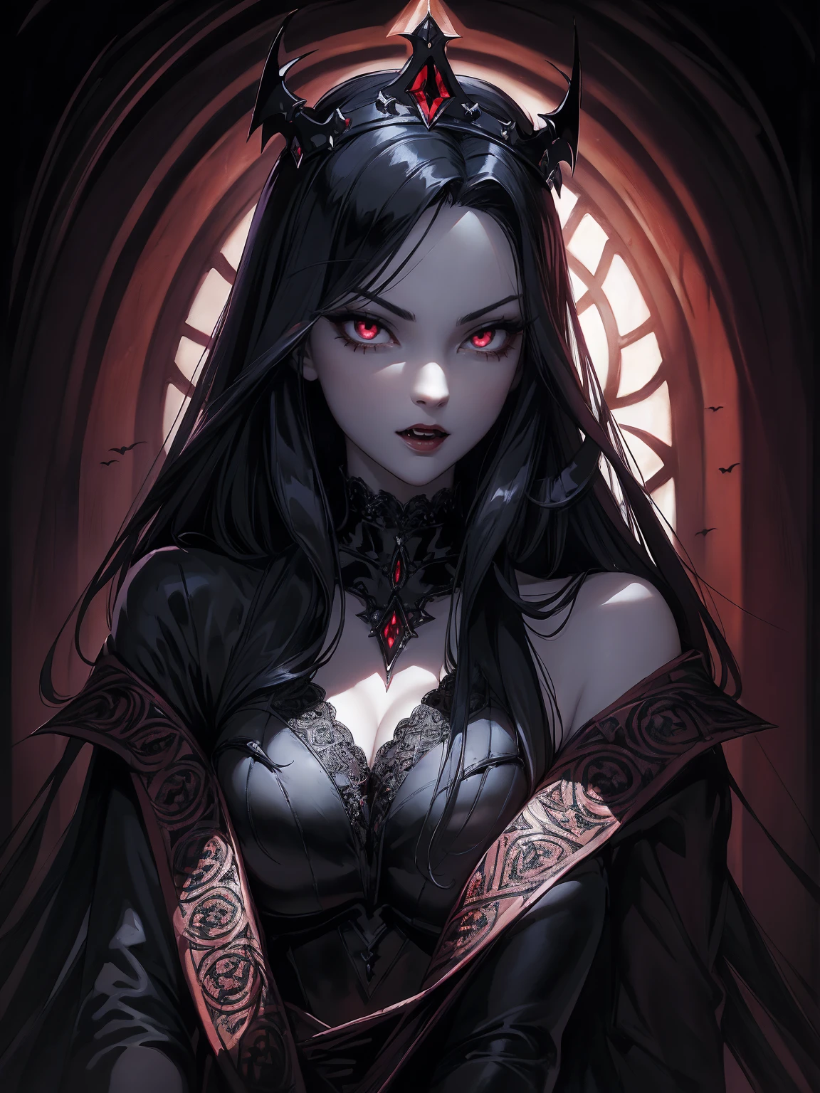 absurdres, ((stunning female Vampire))), goth Renaissance, (long black hair:1.erfect and detailed angular sharp oval shaped face, ((redeyes)), jewelry, red and black tetradic colors, full lips, gothic castle background, (solo), perfect anatomy, approaching perfection, ethereal, intricate details, ultra-high definition, 12k resolution, goth aesthetic, smooth, sharp focus, dreamy, glowing, backlit, glamour, glimmer, fantastical, shadows, smooth, Gothic crown, illustration