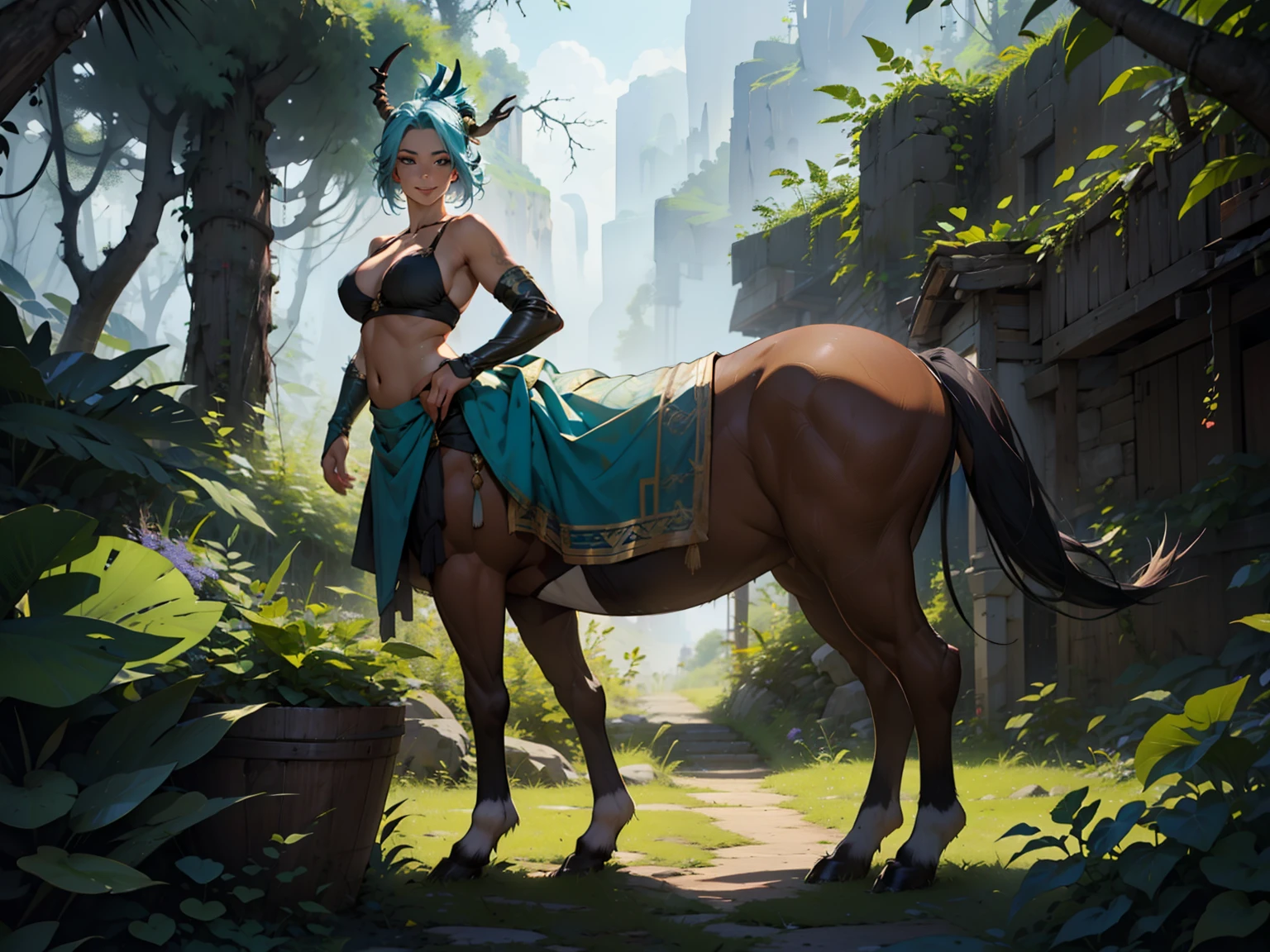 3dmm style, Masterpiece, realistic, best quality, art by chunie, (by chunie:1),  anthropomorphic female centaur, short updo hair, beautifully makeup, eyeshadow, beautiful big eyes, long eye lashes, tempting smile, wearing Teal satin bra, shiny satin, shiny grey fur, (((shiny skin))), (((chubby)), I sit alone in this secluded grove, accompanied only by the rustling of leaves. Gazelle horn