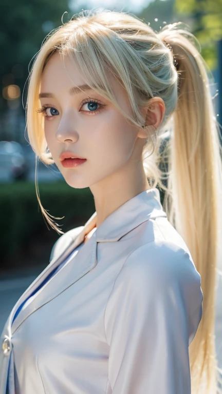 Portrait、school uniform、bright look、ponytail、Young, shiny, white, glossy skin、best beauty、Blonde reflected light、Platinum blonde hair with dazzling highlights、shiny bright hair,、super long silky straight hair、Shining beautiful bangs、Sparkling clear and charming big blue eyes、very beautiful lovely cute 16 year old girl、rich bust、はにかんだbright look