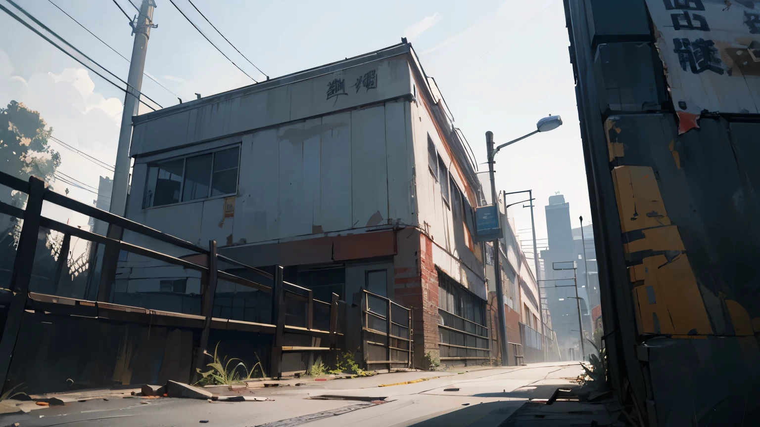 (landscape, outdoor, Sky:1.2), masterpiece, best quality, pretty face, 8k, ridiculous, (Rusty metal sign:1.2), cement wall, cable, No, parapets, wall paint, Graffiti, from below, view, depth of field, Cinema lighting, professional lighting, 非常暗的landscape阴影, high contrast, sharp focus, high resolution, photography, hyper-realistic, Super detailed, Sharp details, fine details，suburb，There is a road，The road was damaged，The surface is bumpy，On both sides of the road are abandoned factories，The iron can steel frame in the factory is rusty。