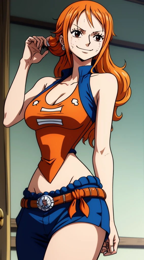 1 girl, nami one piece, roupas azuis, cabelos longos, orange hair, Realistic, de costas  olhando para os espectadores, corpo inteiro.