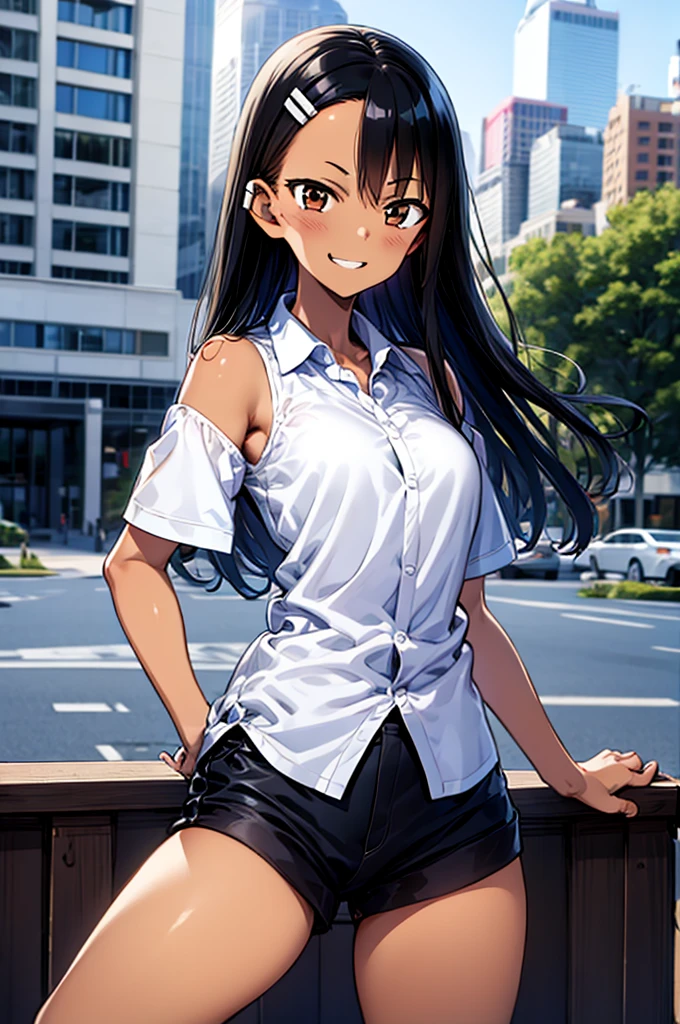 Nagatoro Hayase, 1girl, solo, long hair, looking at viewer, smile, breasts, city background, butt, bare shoulders, teeth, tight shirt, short sleeves, closed mouth, black t-shirt,portrait, shorts, skin tight outfit, seductive, realistic, best quality, masterpiece, ultra detail, ultra high res, extreme detail, 8k