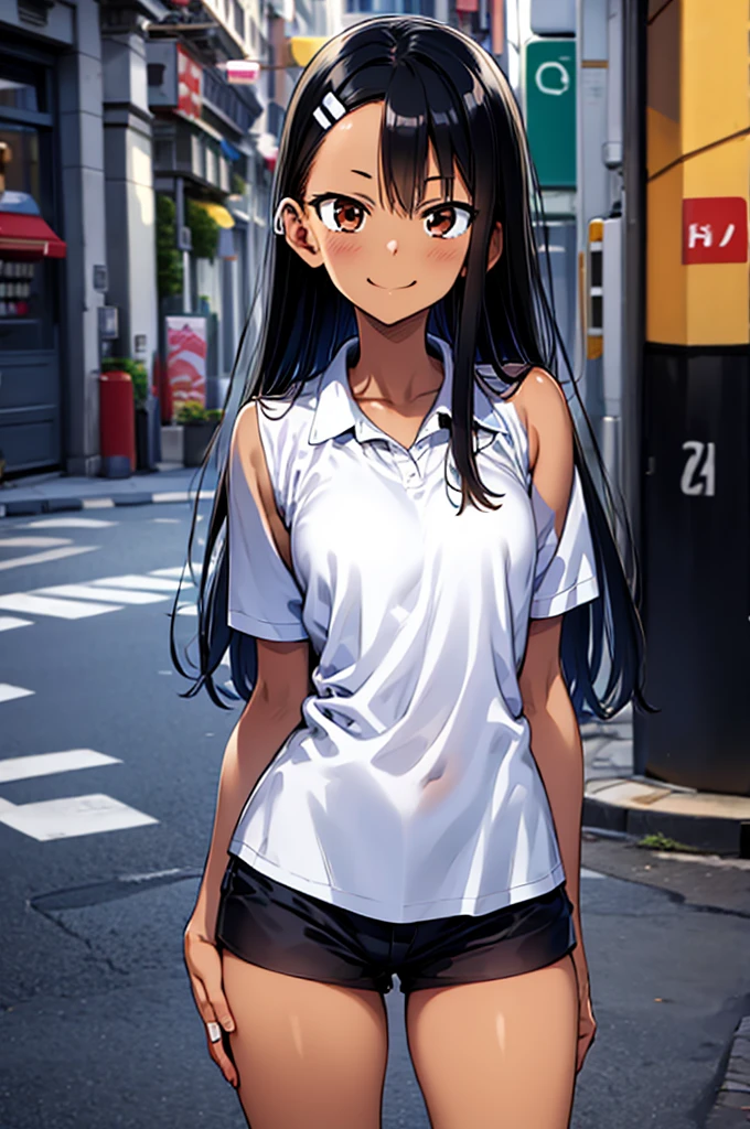 Nagatoro Hayase, 1girl, solo, long hair, looking at viewer, smile, breasts, city background, butt, bare shoulders, teeth, tight shirt, short sleeves, closed mouth, black t-shirt,portrait, shorts, skin tight outfit, seductive, realistic, best quality, masterpiece, ultra detail, ultra high res, extreme detail, 8k